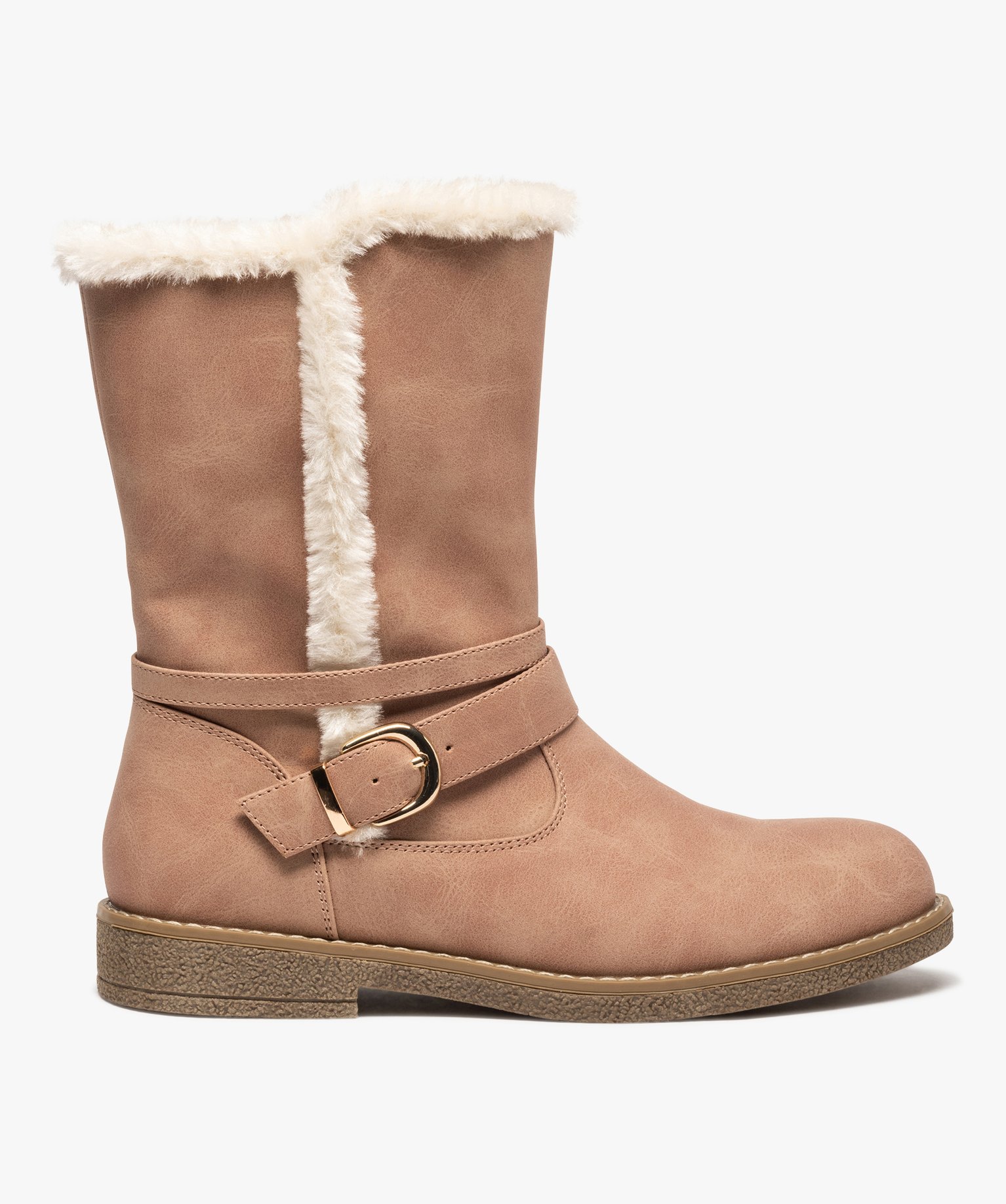 Boots fourrées femme plates unies avec bride décorative rose | GEMO