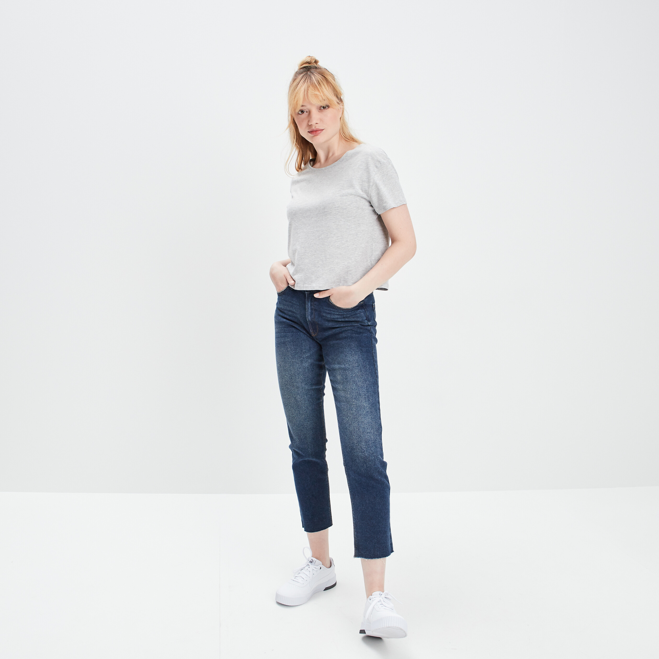 Jeans straight taille haute denim brut femme | La Halle