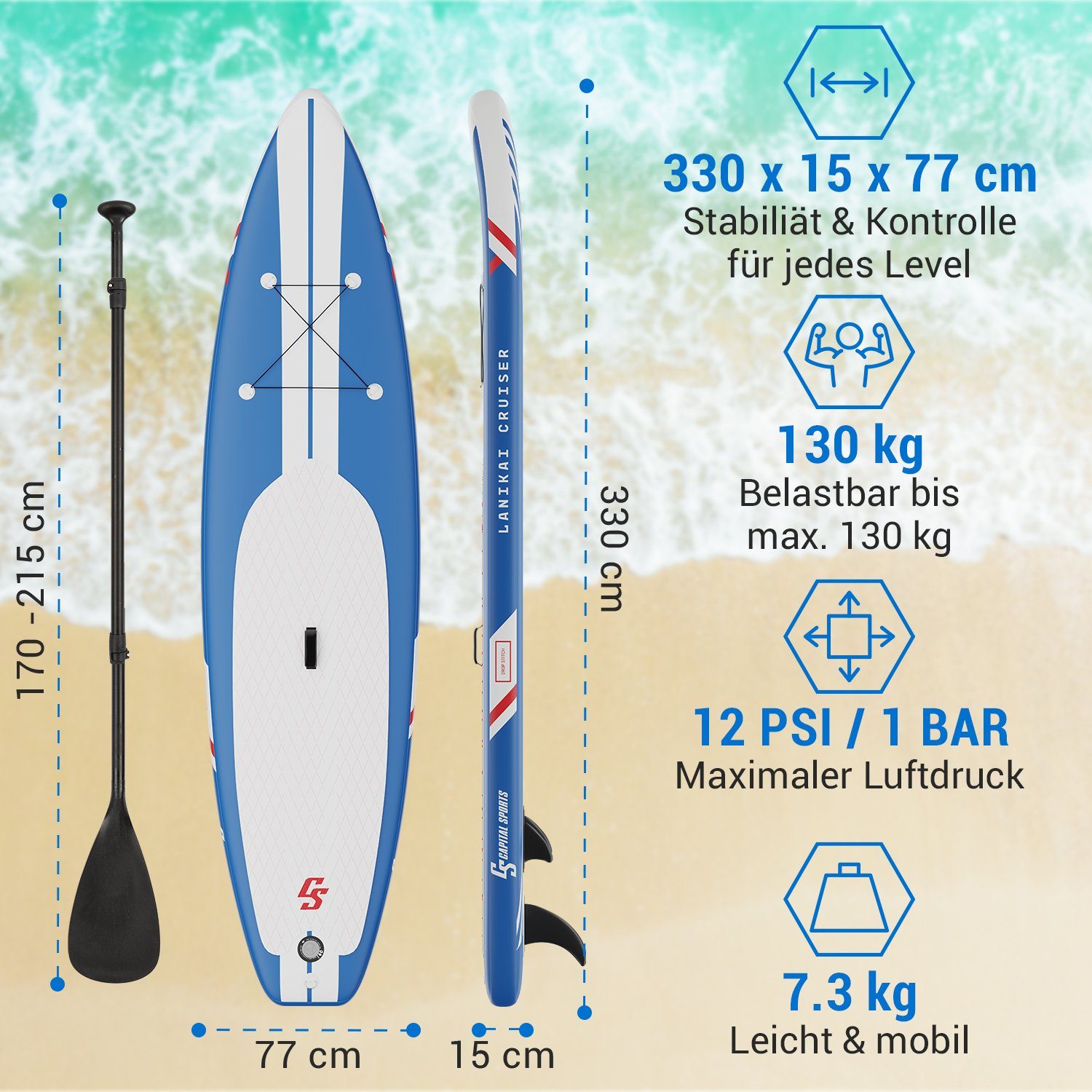 Capital Sports Inflatable SUP-Board Lanikai Cruiser 10.8, Paddle Board, (Set), Stand Up Paddling Board Standup Paddle Board SUP Board Paddel Board