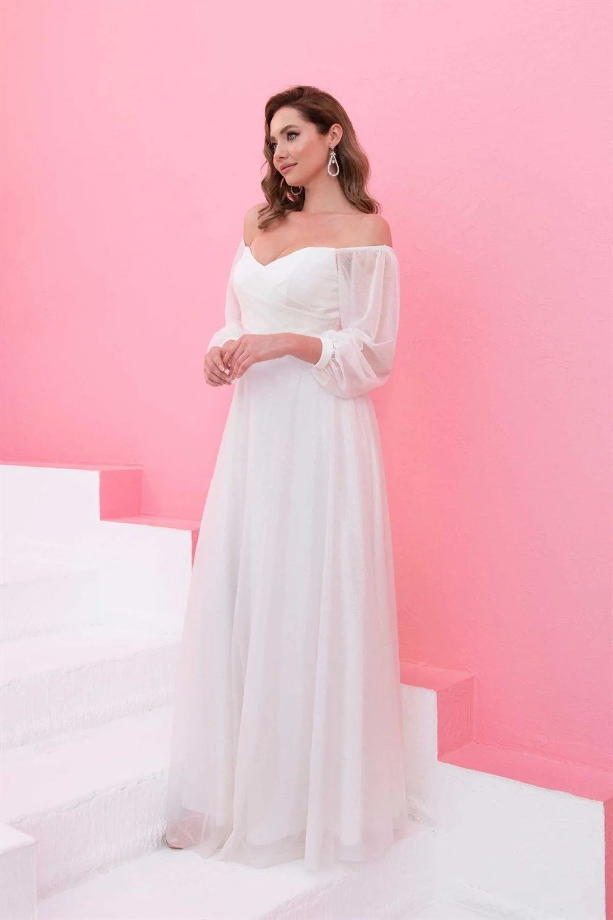 Carmen  Ecru glitzerndes Langarm-Hochzeitskleid und Outdoor-Shooting-Kleid