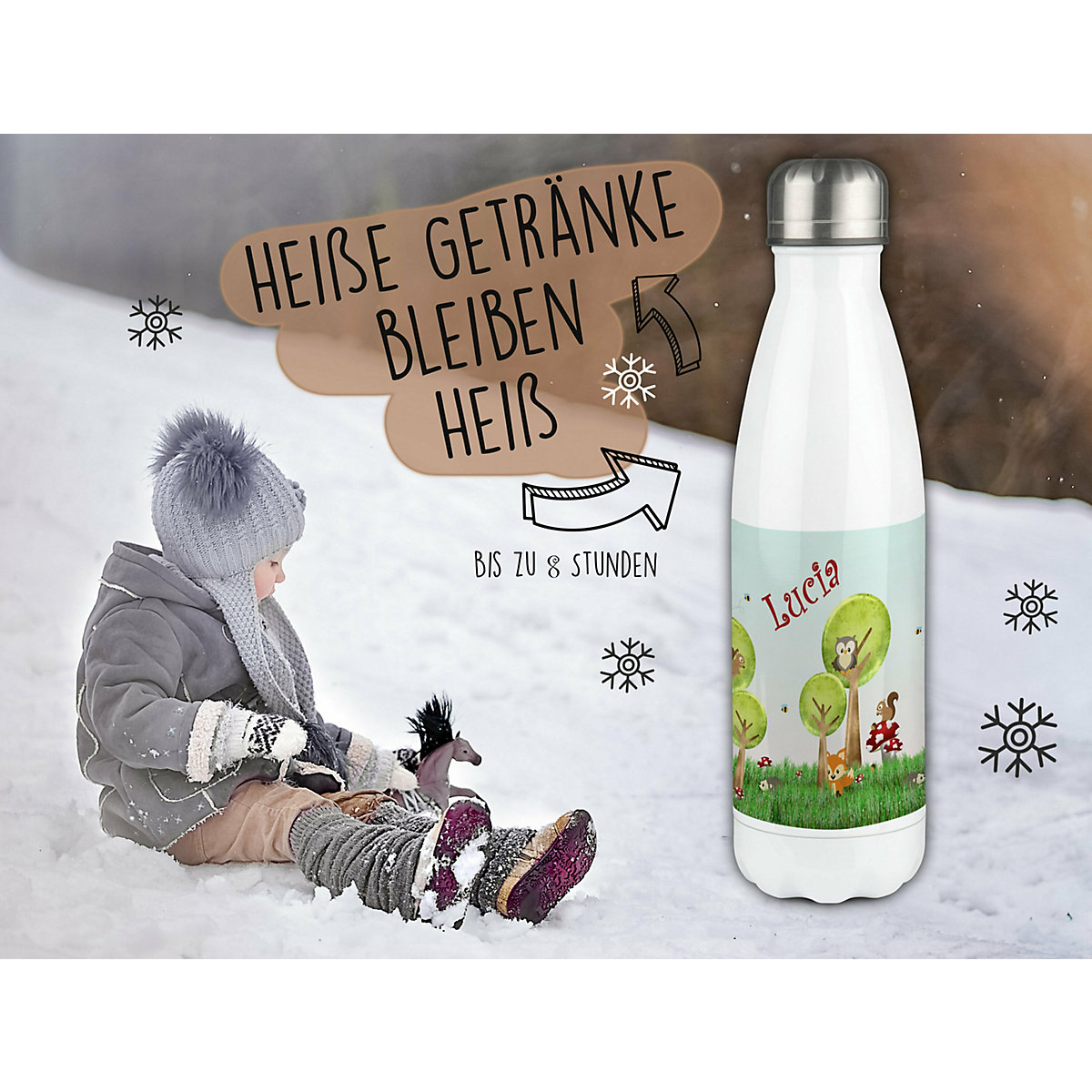 Edelstahl Kinder Thermoflasche / Trinkflasche bunt Waldwiese Spülmaschinenfest, Auslaufsicher, Bruchfest, Doppelwandig, Für Heißgetränke geeignet, Mit Deckel, Isoliert