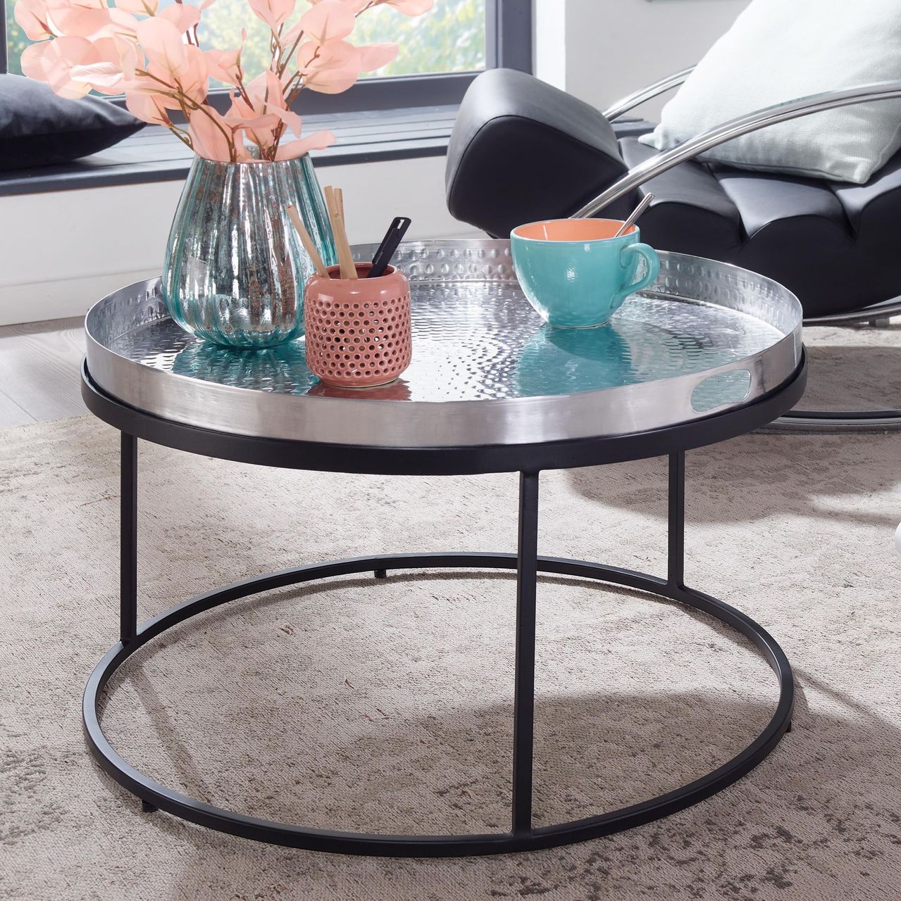 Skyport WOHNLING Couchtisch Metall Hammerschlag Sofatisch Ø 62 cm Wohnzimmertisch Silber
