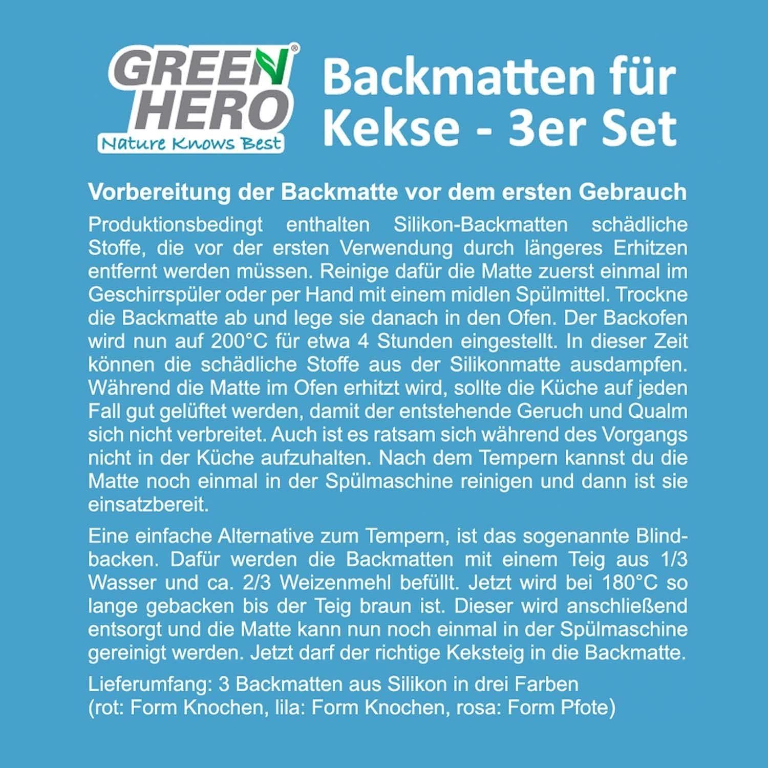 GreenHero Backmatte Backmatte 3er Set für Hundekekse, Silikon Backform, (3er Set, 3-tlg., hitzebeständig, spülmaschinengeeignet & BPA-frei), Backform für selbstgemachte Hundekekse & Leckerlis