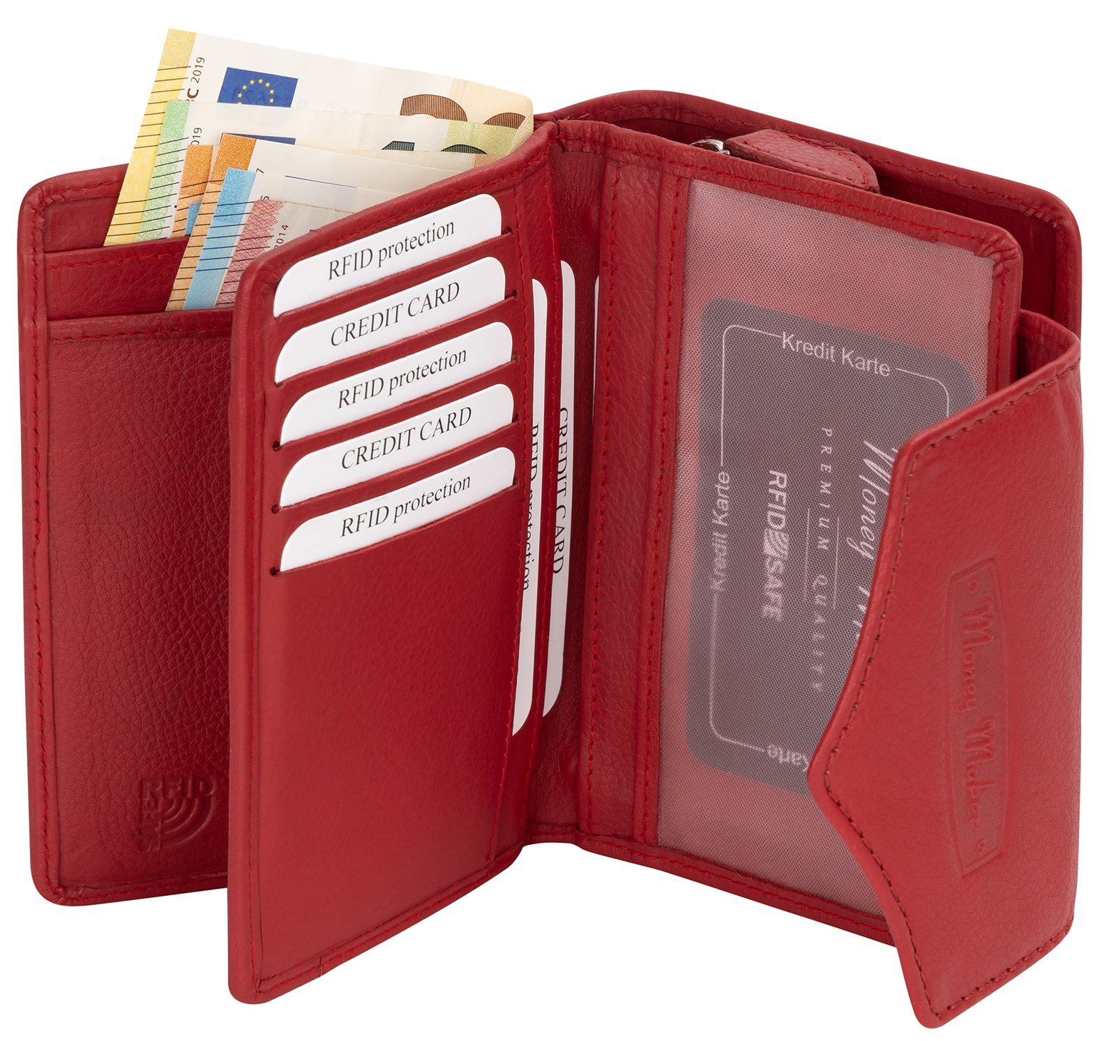 Money Maker Kellnerbörse RFID Damen Geldbörse Portemonnaie Geldbeutel Damenbörse Leder Rot, Damen Geldbörse klappbar mit Drückknopf Portemonnaie Geldbeutel