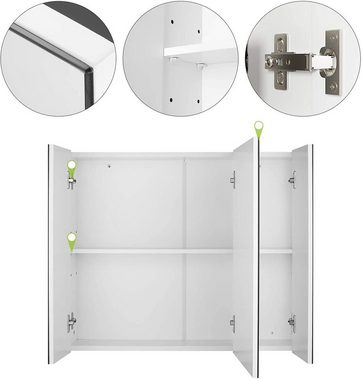 Homfa Spiegelschrank Badezimmerschrank mit 3 Türen, Weiß, 70x60x15cm, Holz