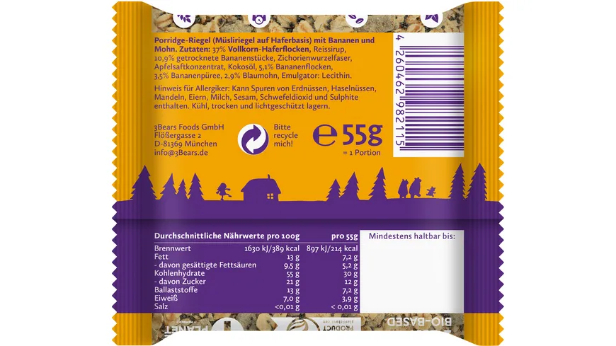 3Bears Pocket Porridge Mohnige Banane 55 g