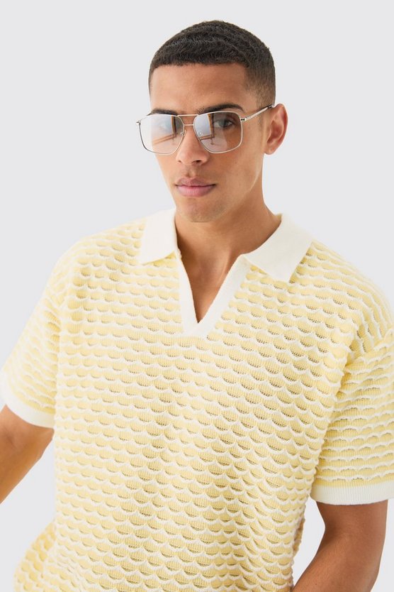 Kastiges strukturiertes Oversize Strick-Poloshirt mit Streifen