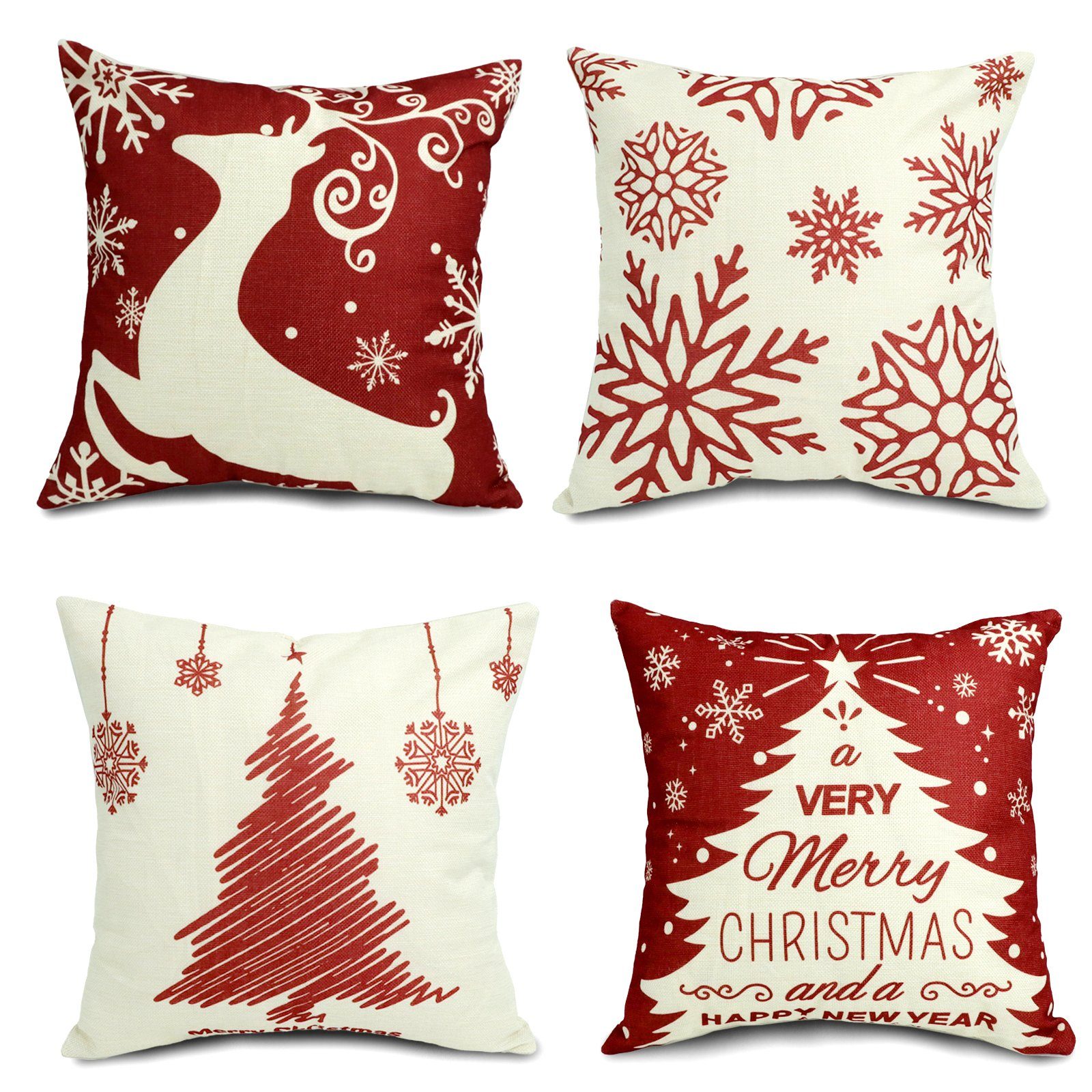 Kissenbezüge Leinenlook für Zierkissen, Sofakissen, Weihnachts-Kissenbezüge, CALIYO, 4 Stück Kissenbezug zu Weihnachten