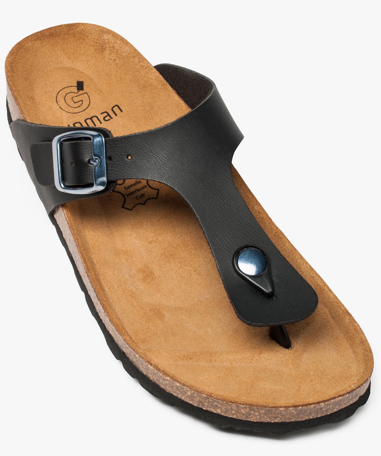 Mules femme à talon plat avec large bride en T unie noir | GEMO