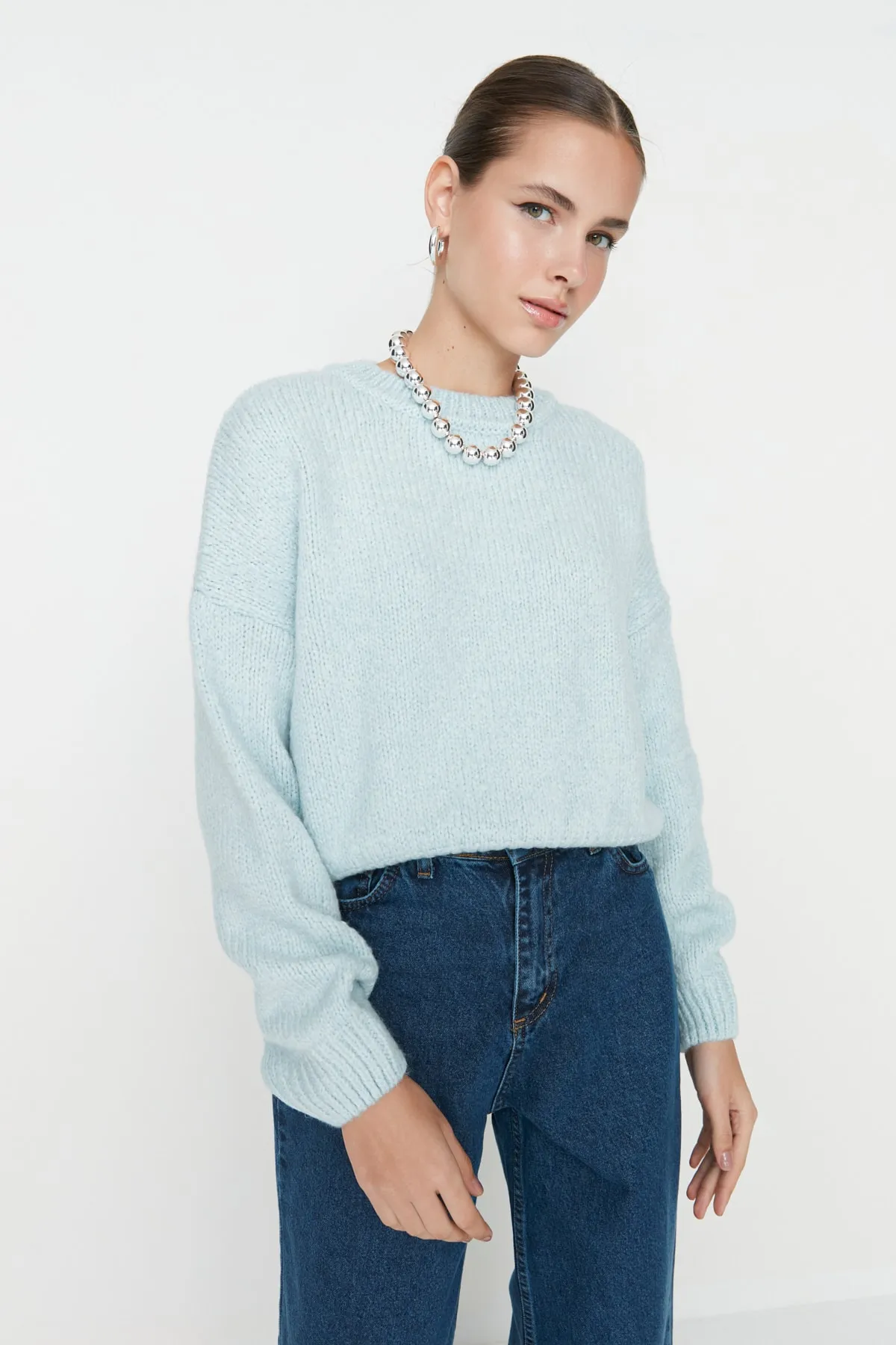 Trendyol Collection  Mintfarbener, weicher, strukturierter Basic-Strickpullover mit weiter Passform TWOAW23KZ00185