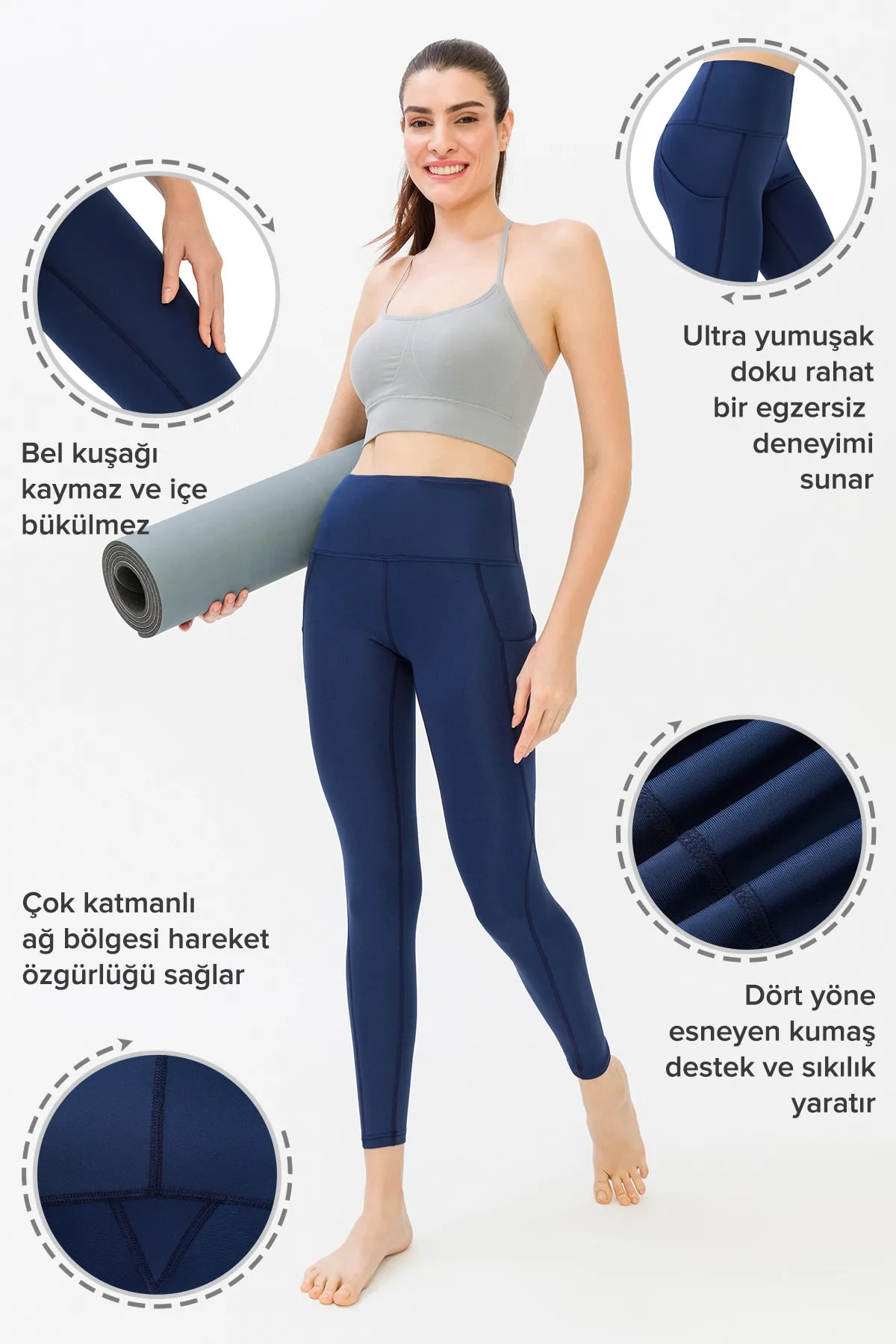 LOS OJOS  Marineblaue, kompakte Sport-Leggings mit hoher Taille und doppelten Taschen für Damen