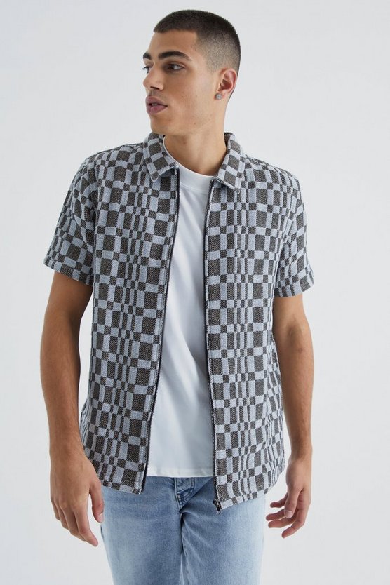 Kurzärmliges kariertes Space Dye Overshirt mit Reißverschluss