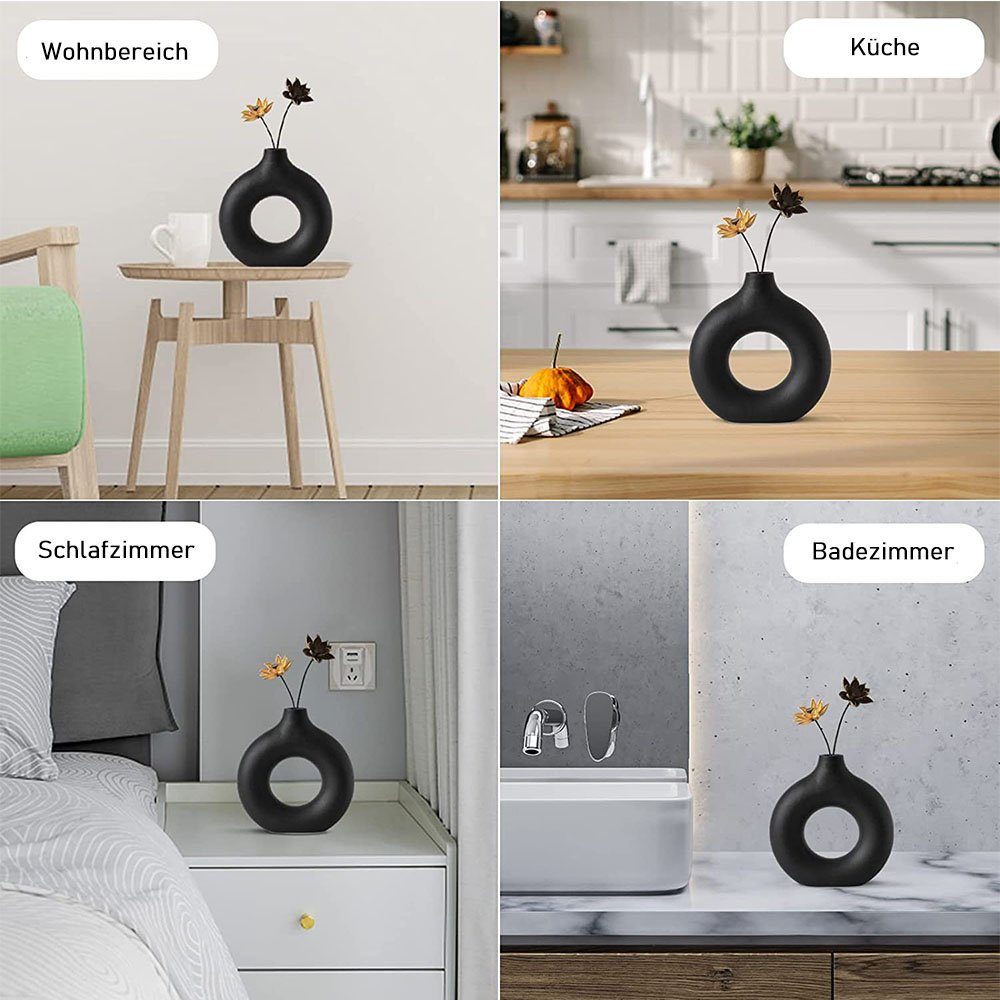 zggzerg Dekovase Keramik Vase für Pampasgras, Schwarze Donut Vase Deko Wohnzimmer Runde