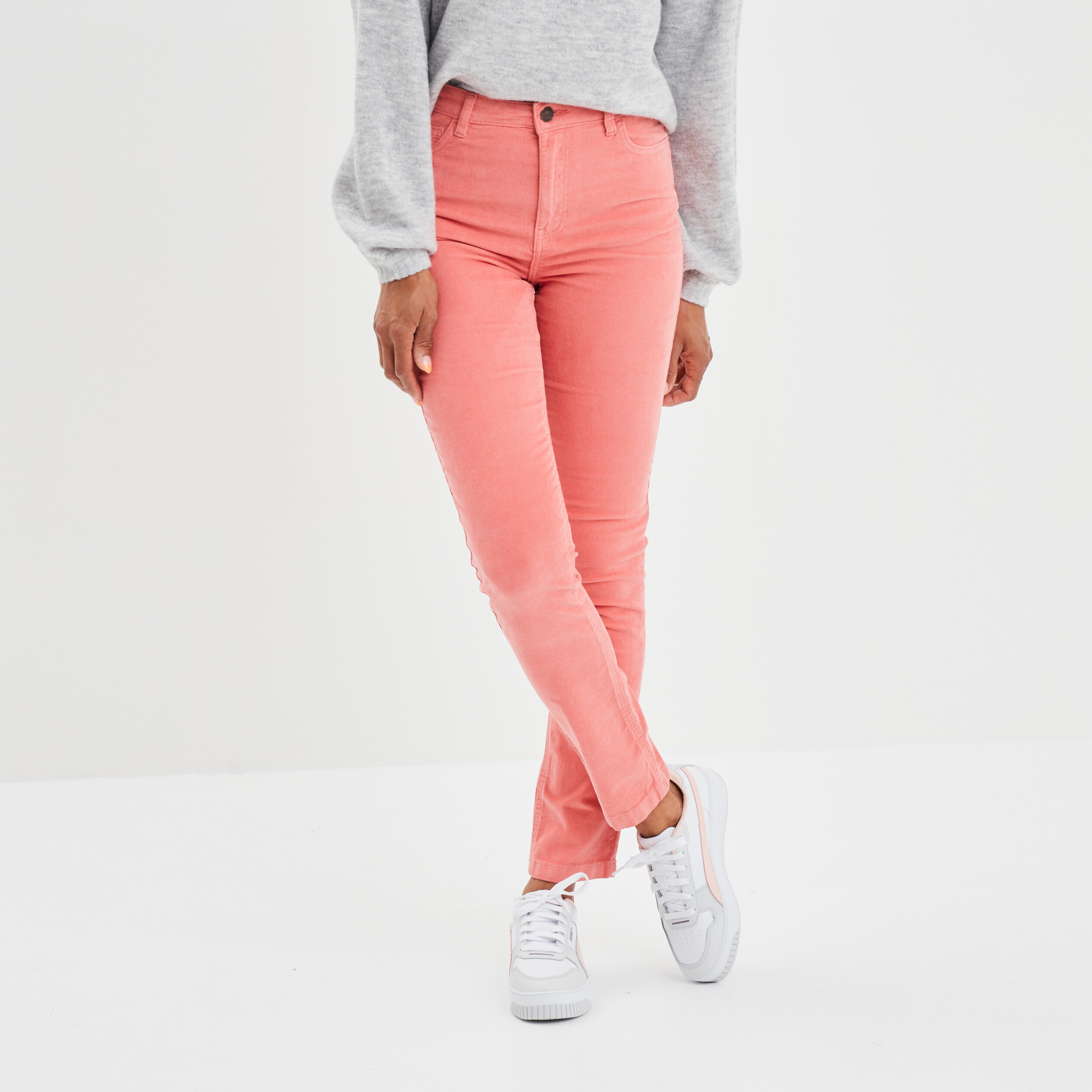 Pantalon slim velours coton Creeks rose saumon femme | La Halle