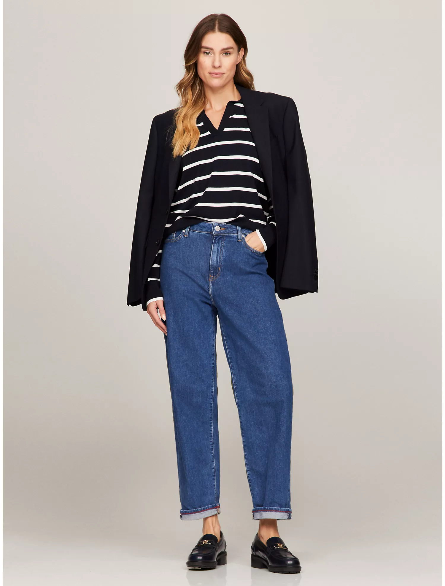 Long-Sleeve Stripe Polo Sweater