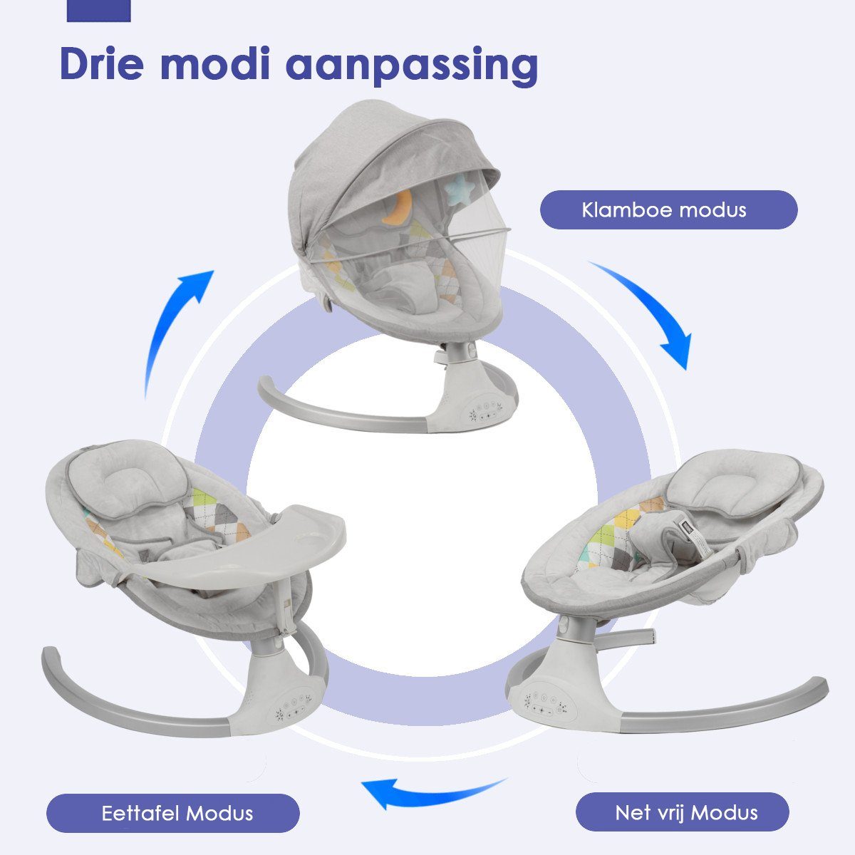 Insma Babyschaukel elektrische Babywippe 5 Gänge, mit Esstisch, bluetooth Musik, Moskitonetz und Spielzeug, max. 9kg