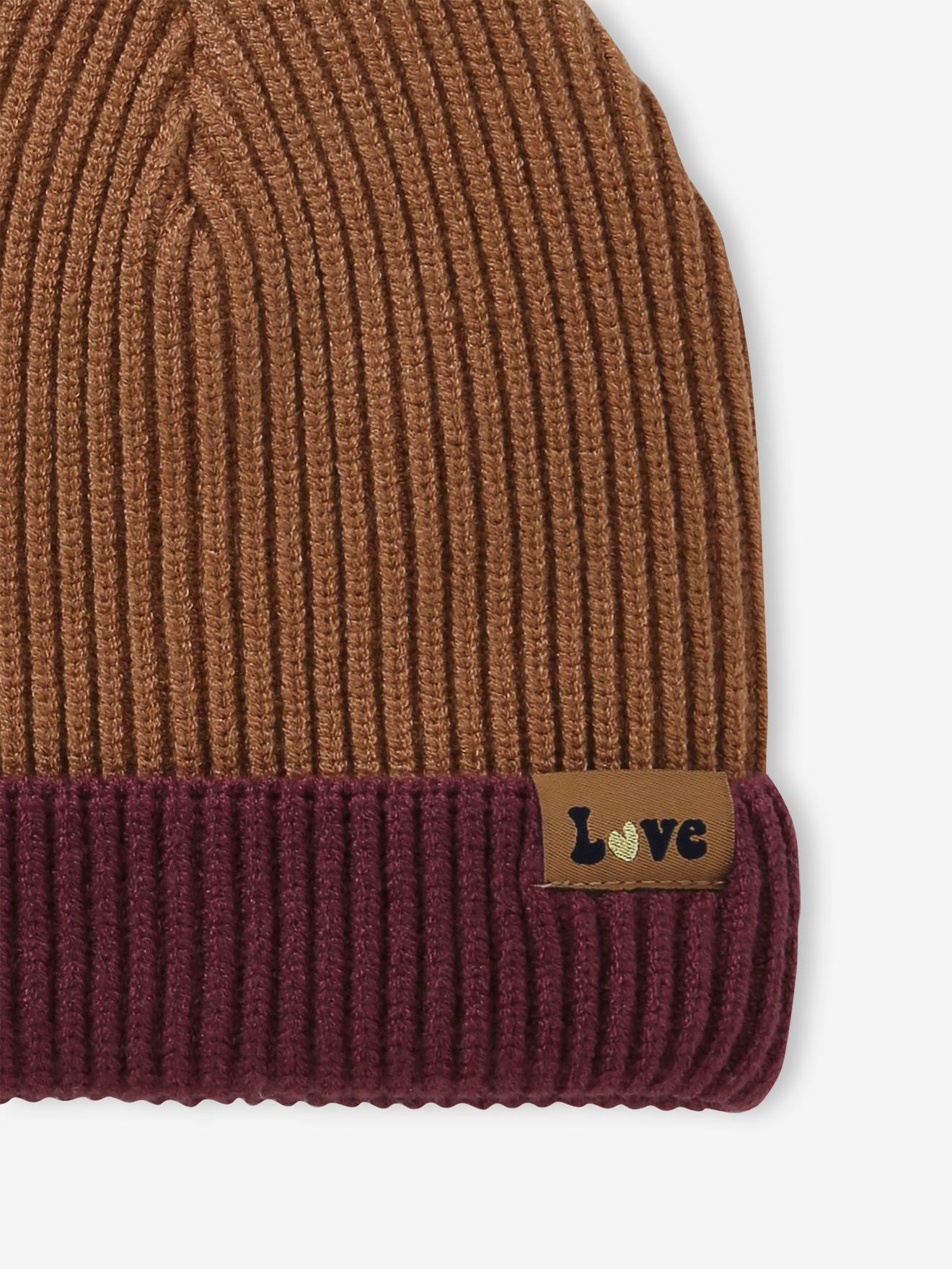 Bonnet bicolore fille en maille côtelée cannelle