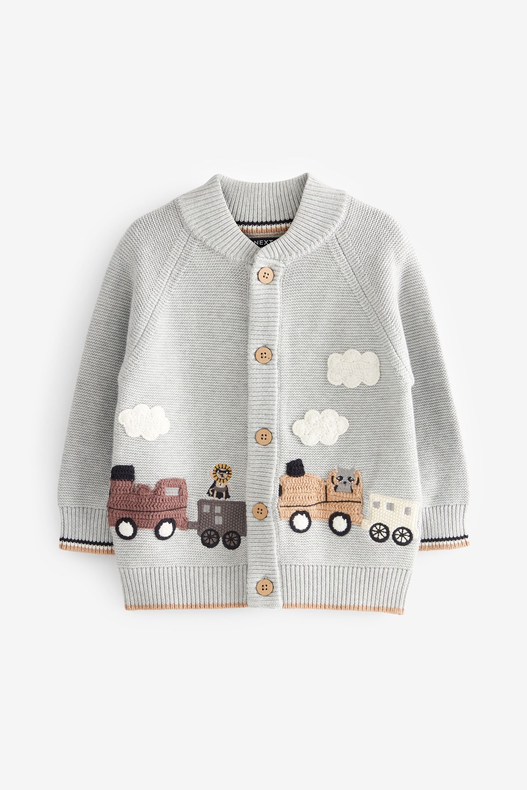 Next Strickjacke Strickjacke mit Knopfleiste, Zug-Motiv (1-tlg)