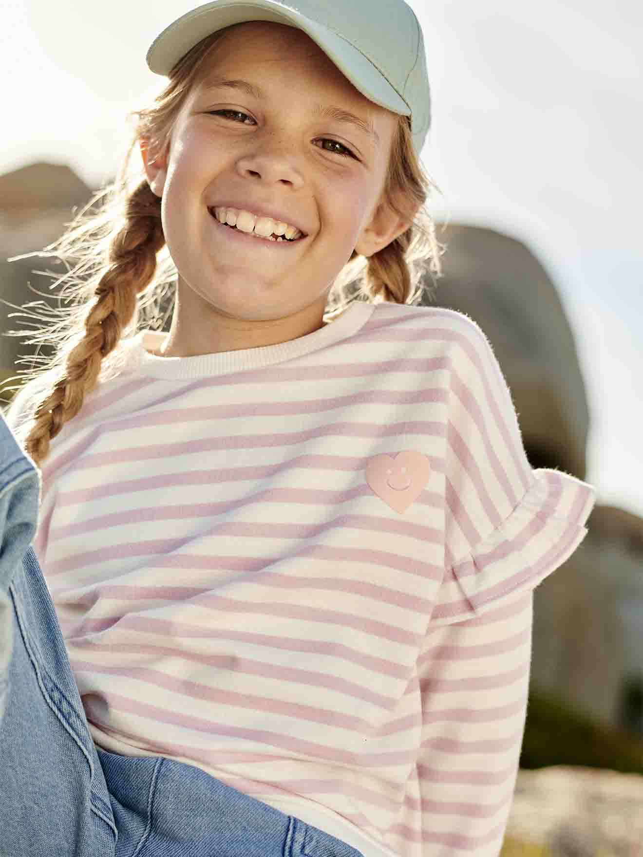 Vertbaudet Mädchen Ringel-Sweatshirt, Volantärmel Oeko-Tex - altrosa