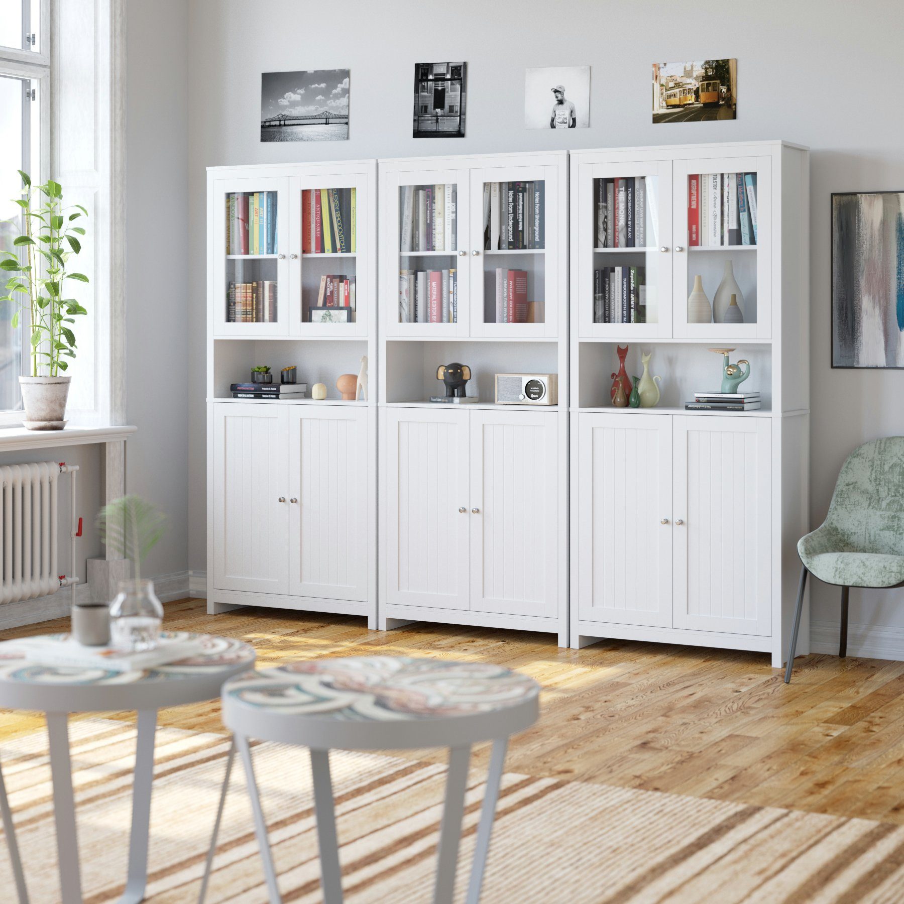 Homfa Hochschrank 190cm Vitrinenschrank, Bücherschrank mit 4 Türen, Buffet, Weiß