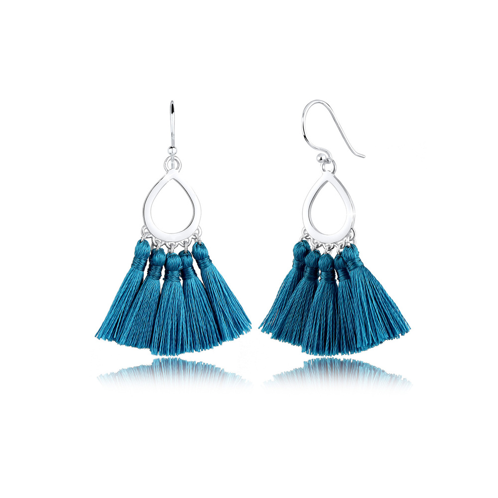 Elli Elli Boucles d'Oreilles Forme de Goutte Boho Festival Pompon Bleu Boucles d'Oreil Boucles d'oreilles