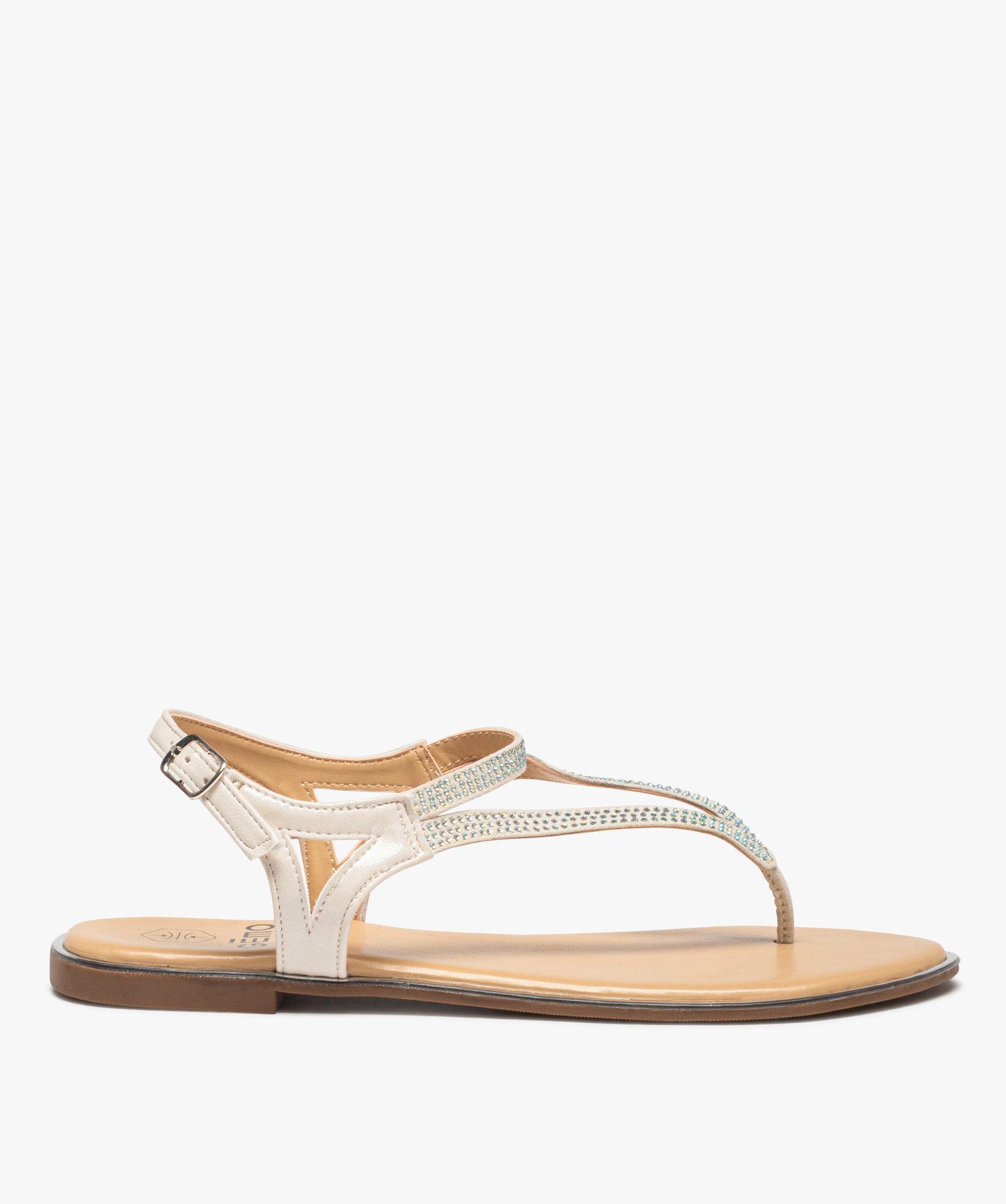 Sandales femme plates à entre-doigts ornées de strass blanc | GEMO