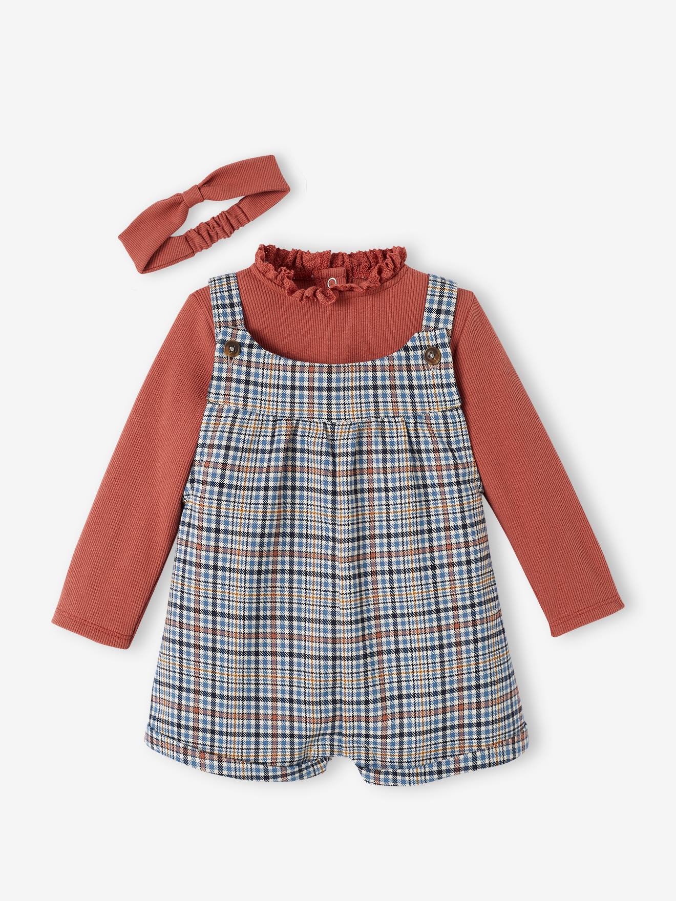 Vertbaudet Mädchen Baby-Set: Latz-Shorts, Shirt & Haarband - altrosa