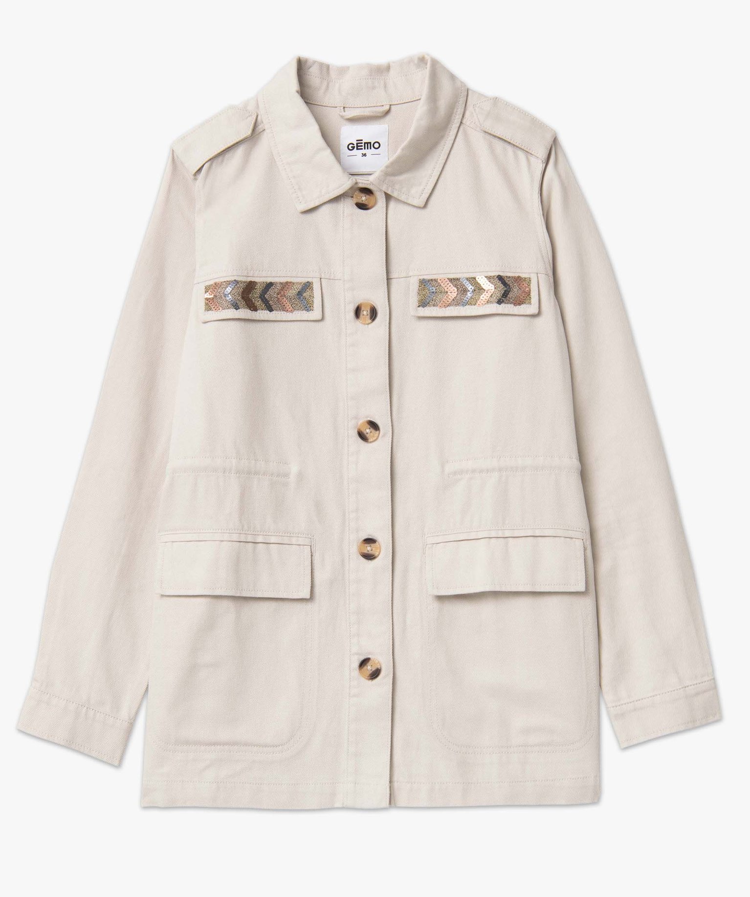 Veste femme saharienne avec broderies sur la poitrine ecru | GEMO