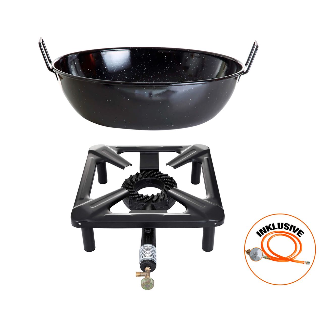 Allgrill Hockerkocher-Set (klein) ohne Zündsicherung mit Emaille-Schüssel / Topf Ø 30 cm