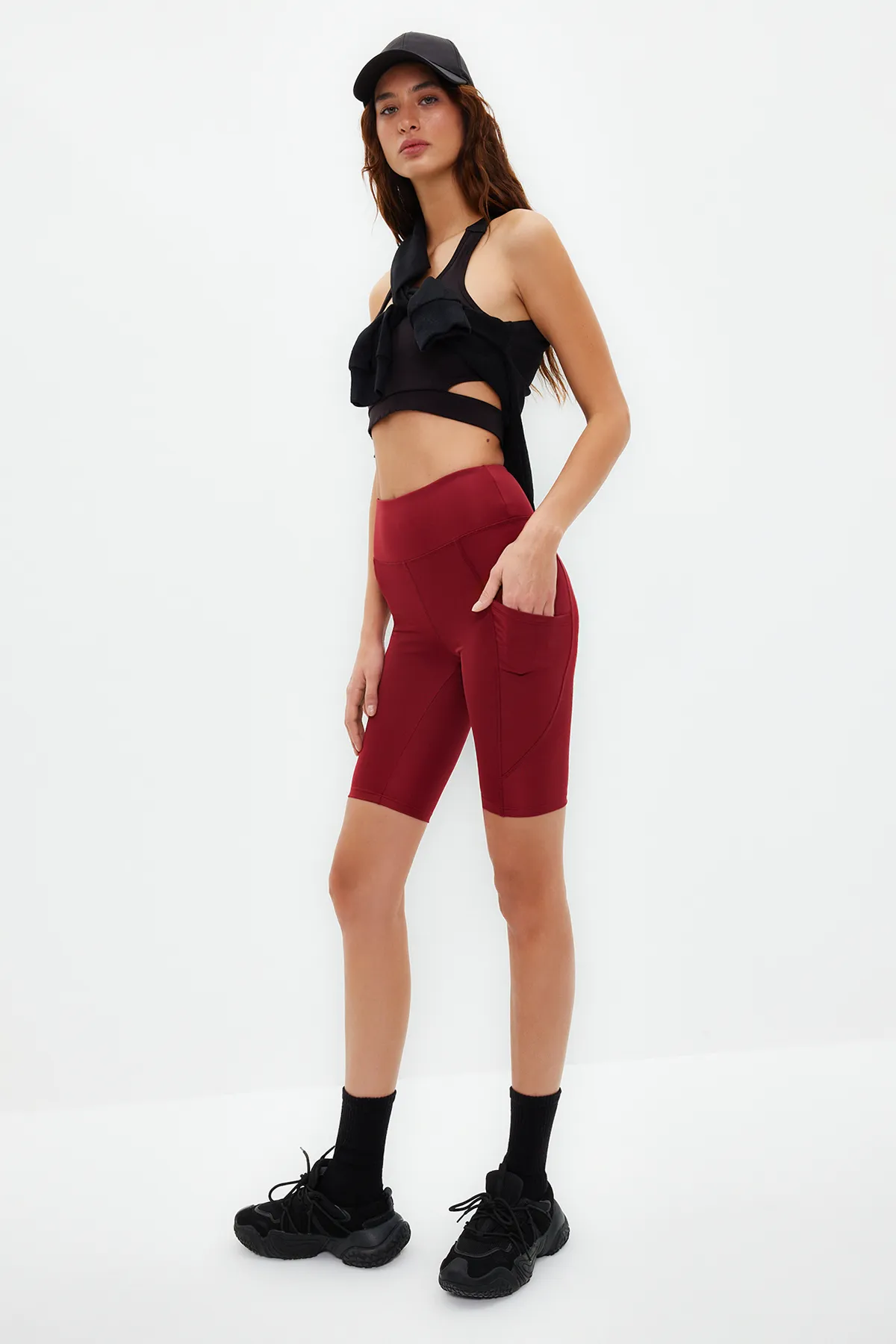 Trendyol Collection  Burgunder Restorer High Waist Tasche Detail Strick Sport Biker/Radfahrer/Kurze Leggings TWOAW21TA0064