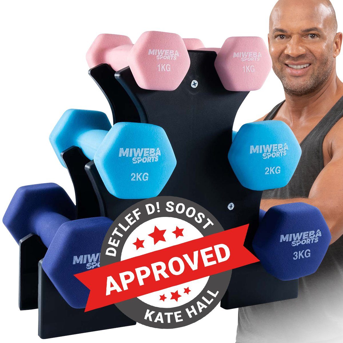 Miweba Sports Hantel-Set Premium Gymnastikhantel-Set NKH120 inkl. Hantelablage, (rutschfest - Fitness Sport Muskelaufbau Training Hantel Set Kurzhantelset Kettlebell Set, 1 kg - 2 kg - 3 kg, 3 Farben, Hexagon-Form, Neopren), Kurzhantel Aerobic Hantel