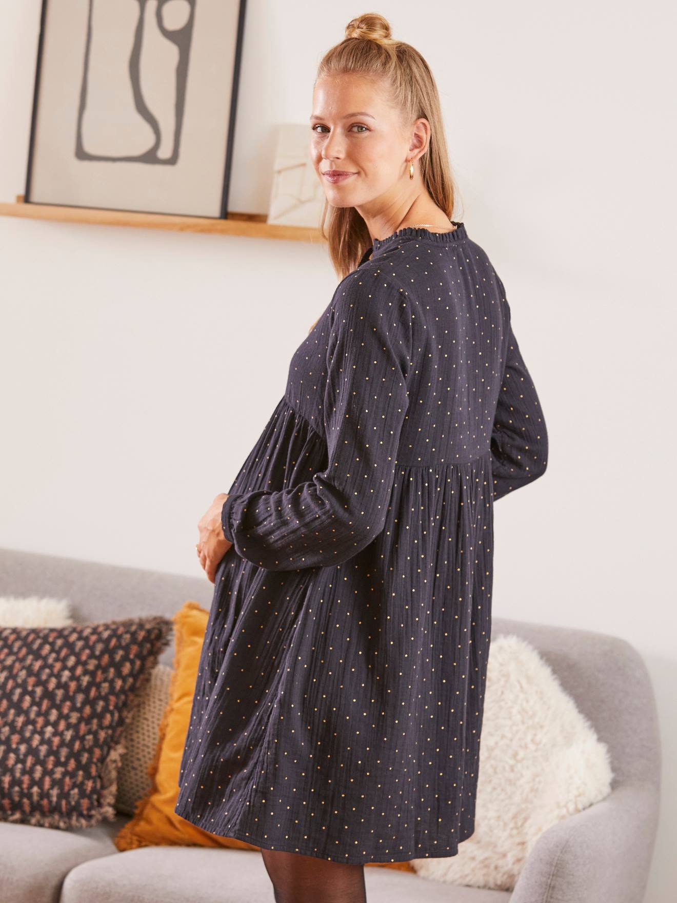 Robe imprimée gaze de coton grossesse et allaitement gris avec motif