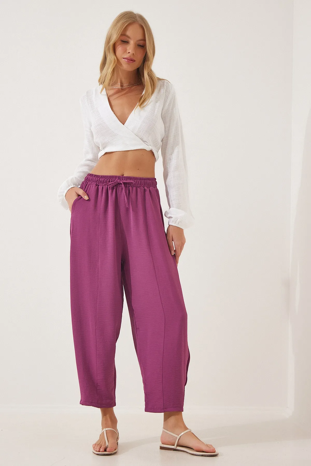 Happiness İstanbul  Lila Leinen-Shalwar-Hose für Damen CI00036