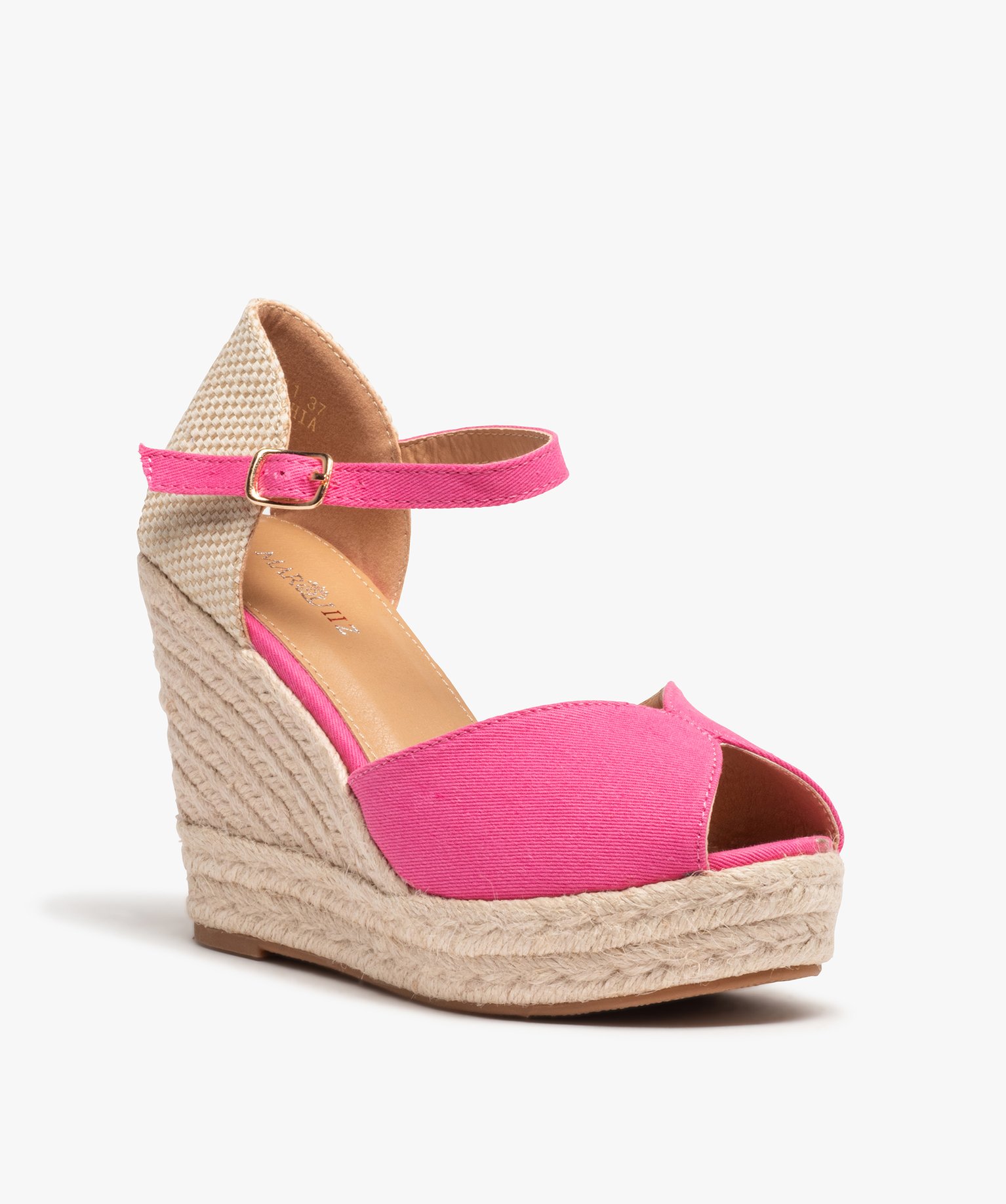 Sandales femme compensées en corde dessus satin uni fuchsia | GEMO