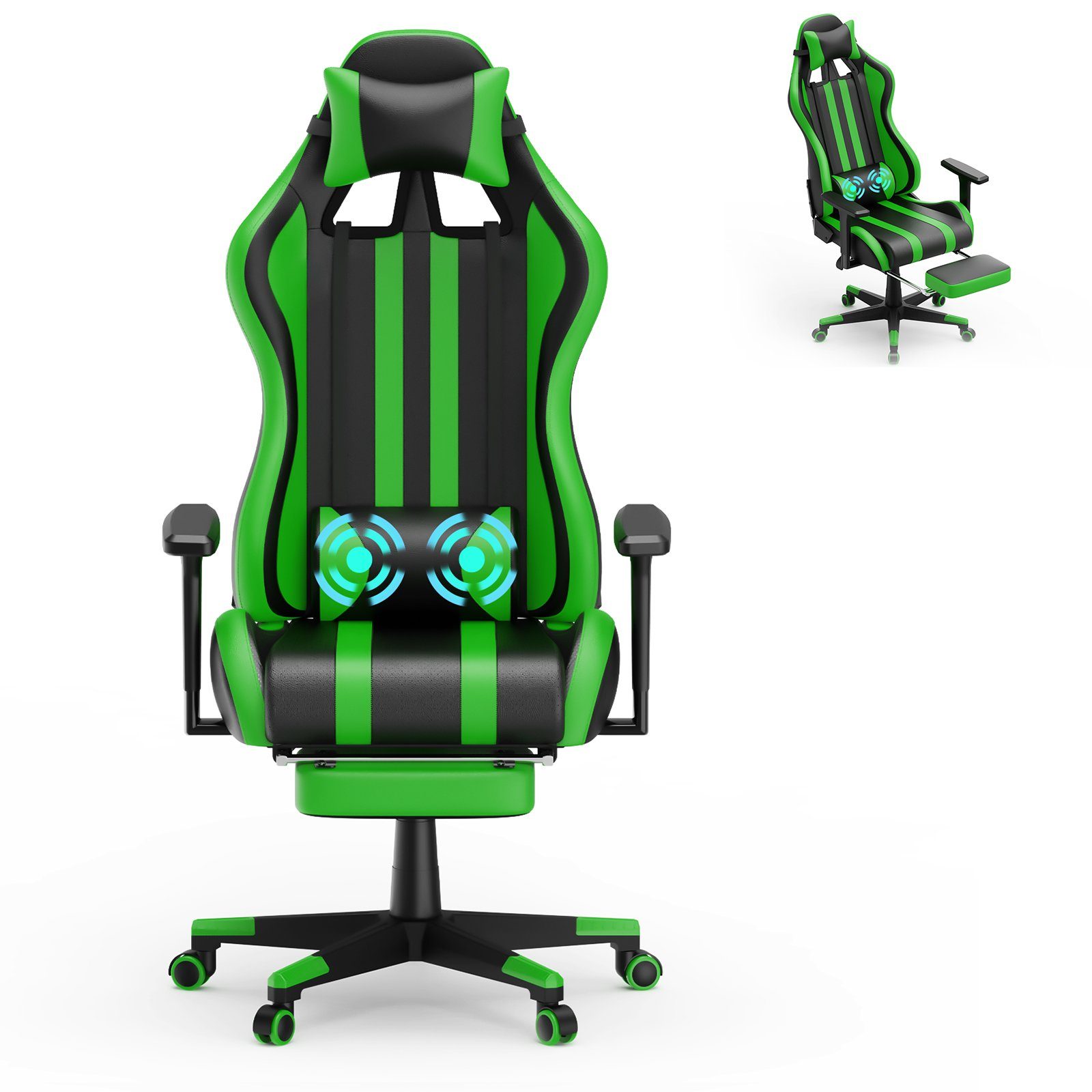 AUFUN Gaming-Stuhl Authmic Biirostuhl Ergonomischer Schreibtischstuhl, Max. 150 kg (Massage Gaming Sessel für Livestreaming Xbox (Grau/Blau/Grün/Rot/Schwarz), mit Vibration Massage Lendenkissen, Fußstütze, Kopfstütze, Ergonomisch