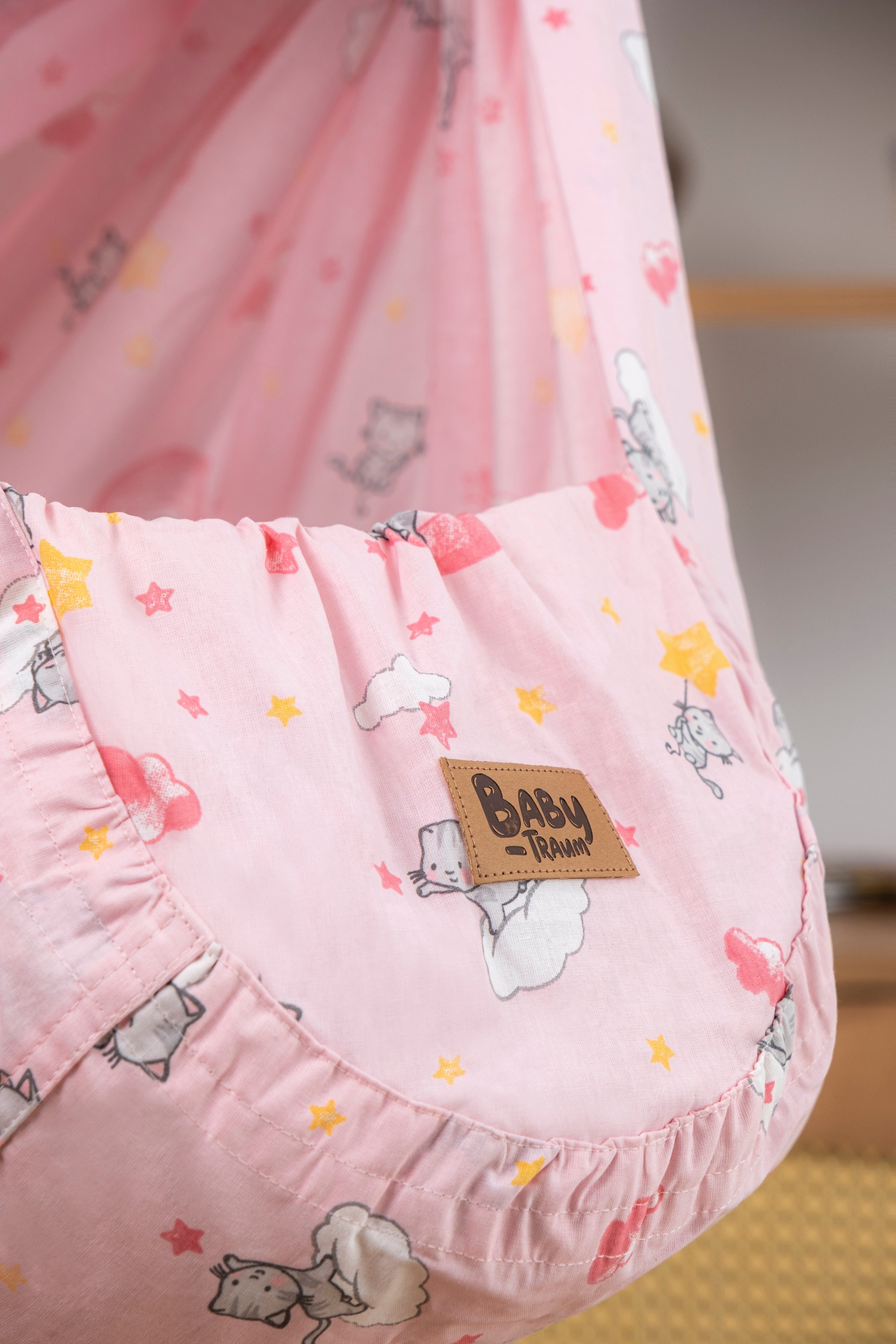 Teppich-Traum Federwippe Einschlafhilfe Baby FEDERWIEGE für optimalen Schlaf, Kätzchen & Wölkchen - rosa
