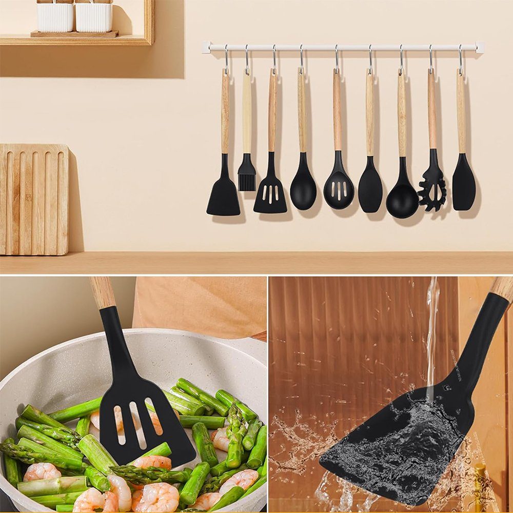 Bedee Kochbesteck-Set Silikon Kochgeschirr Set, Küchengerät 34 Stück (Küchenutensilien, Spachtel-Set mit Halter, Holzgriffen, 34-tlg), Antihaft Kochgeschirr Set mit Behälter