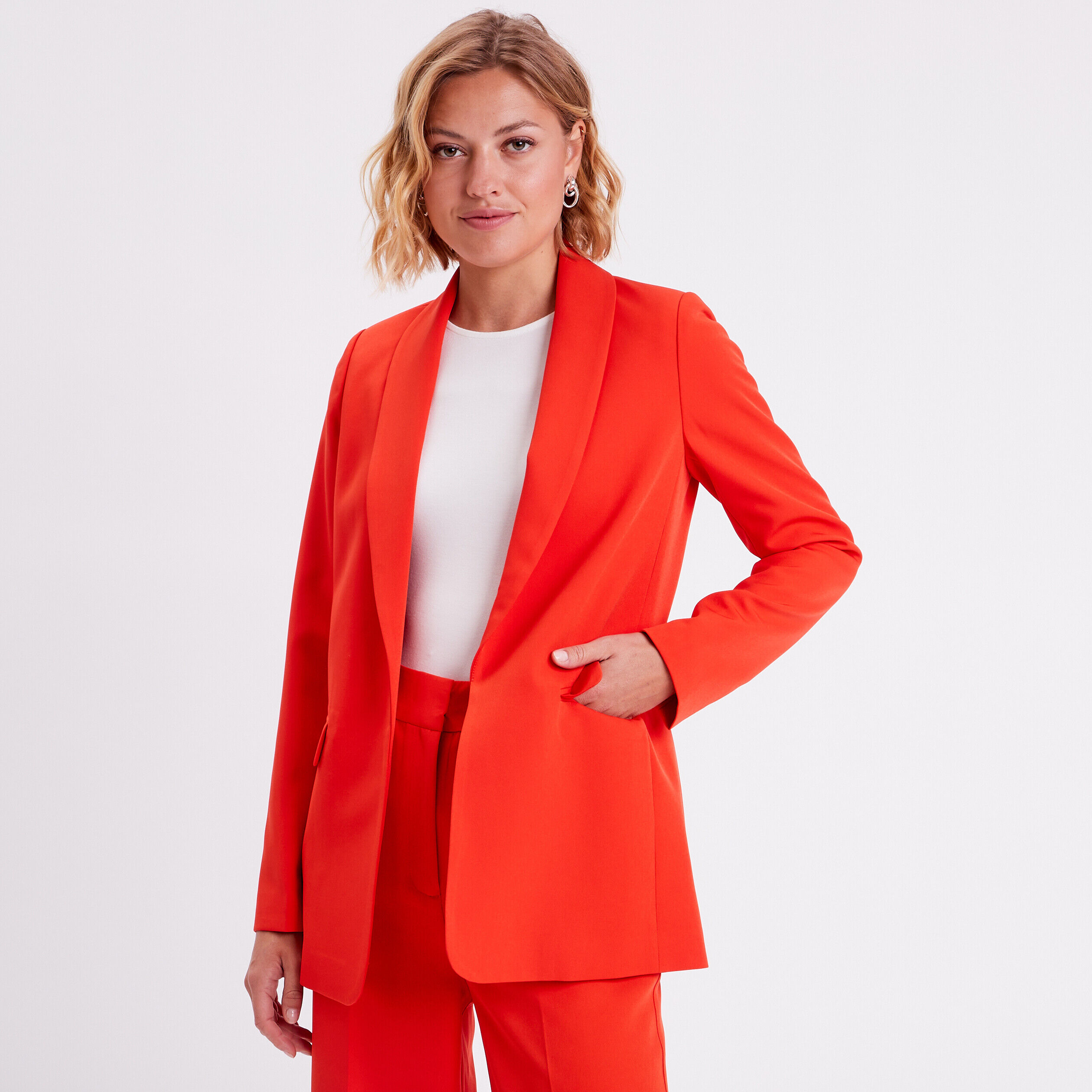 Veste blazer droite col châle rouge femme | Cache Cache