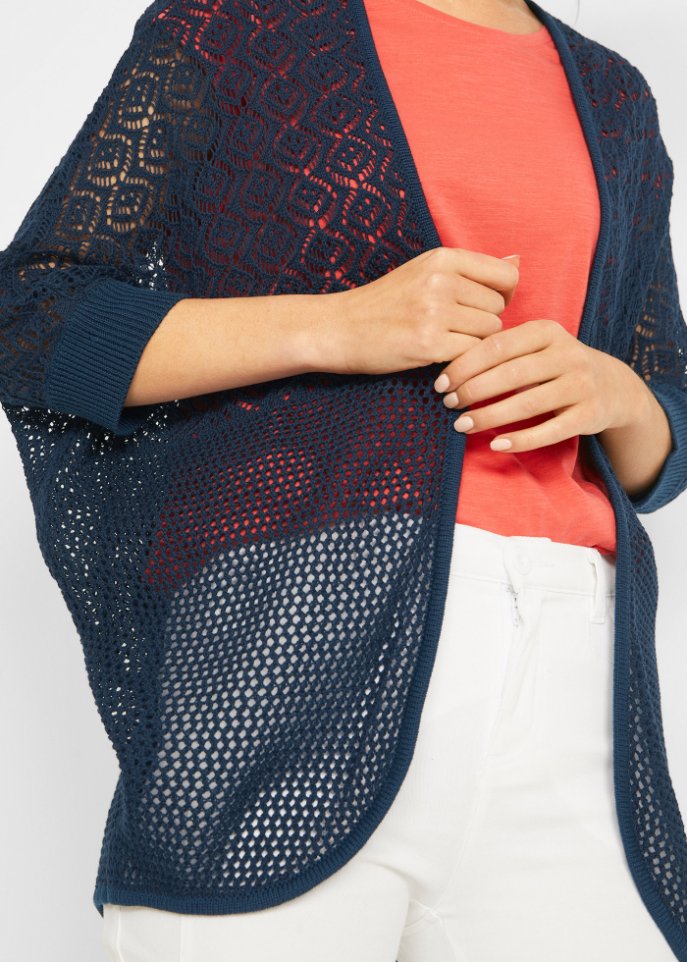Strickjacke mit Muster und Fledermausärmeln, 3/4 Arm