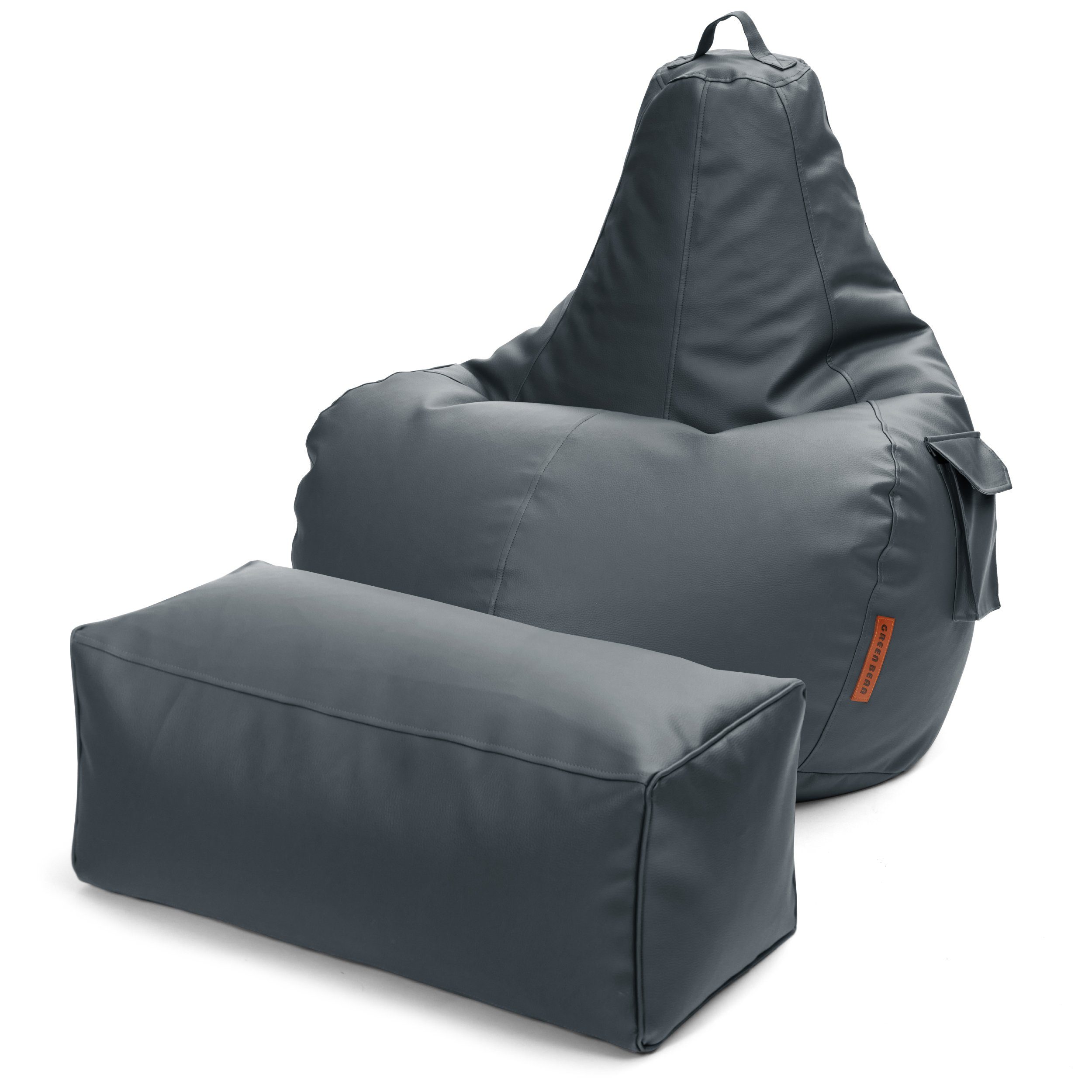 Green Bean Sitzsack Gaming mit Rückenlehne inkl. passenden Pouf (aus Kunstleder, Indoor und Outdoor geeignet), Couch Kissen Riesensitzsack Lounge Chair Hocker Bean Bag Kissen