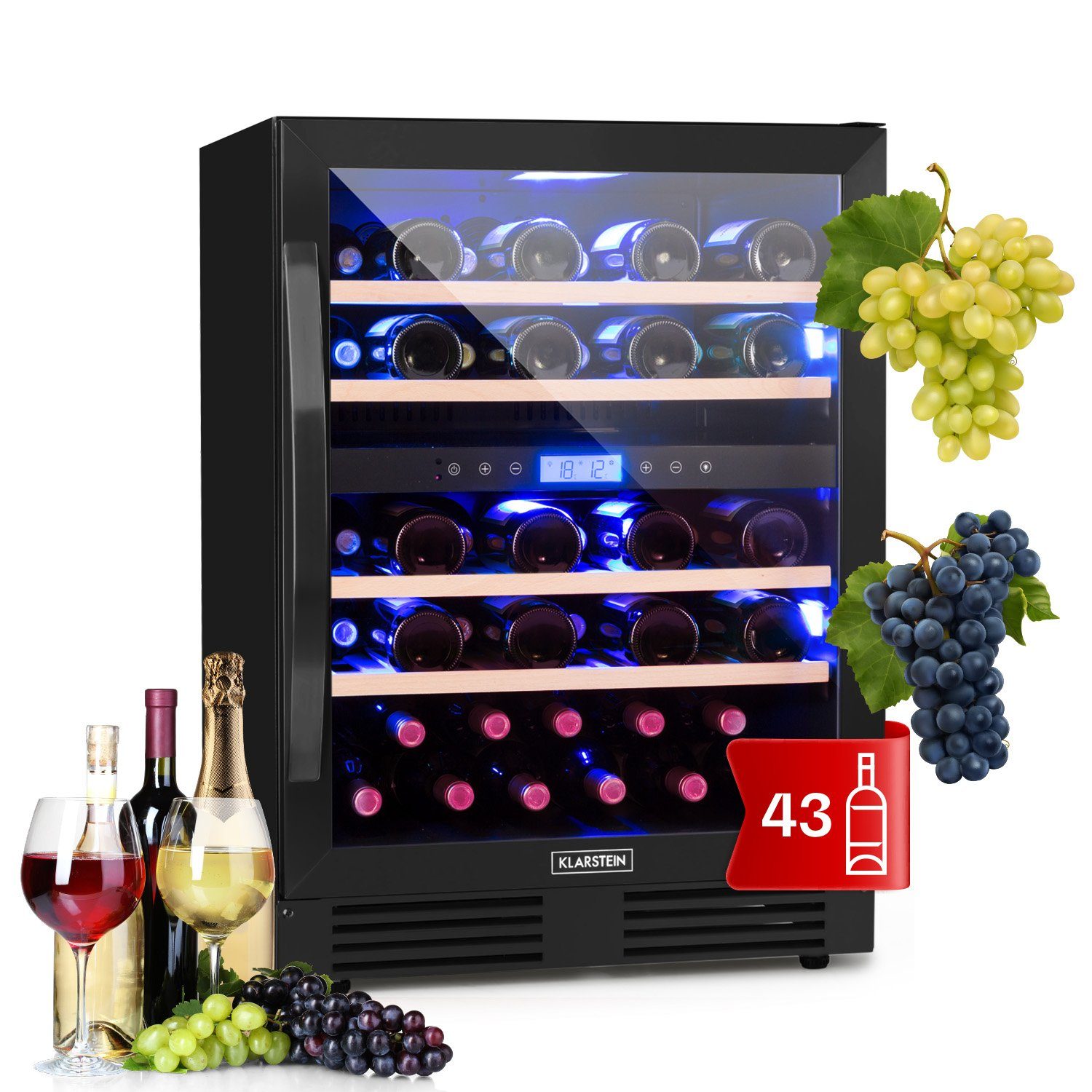 Klarstein Weinkühlschrank Vinovilla 43, für 43 Standardflaschen á 0,75l,Wein Flaschenkühlschrank Weintemperierschrank Weinschrank Kühlschrank