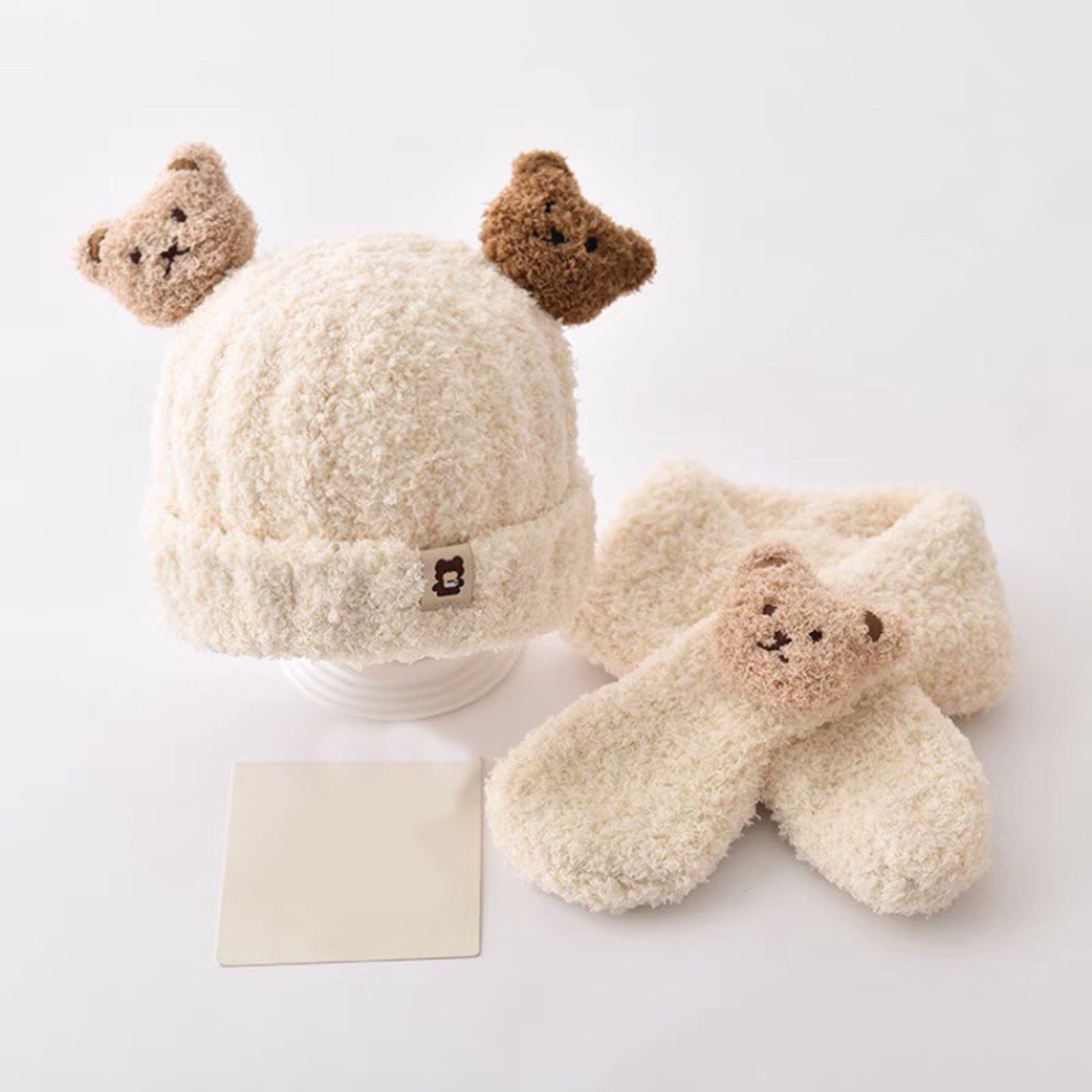 Rutaqian Mütze & Schal Kindermütze Set aus Plüschmütze und Schal (Baby-Plüsch-Ohrkappen Kopfumfang 44-50 cm, Bär dekorative verdickte weiche Winteraccessoires für Kinder) Süße Baby-Strickmütze für Herbst und Winter, warme Kinder-Wollmütze