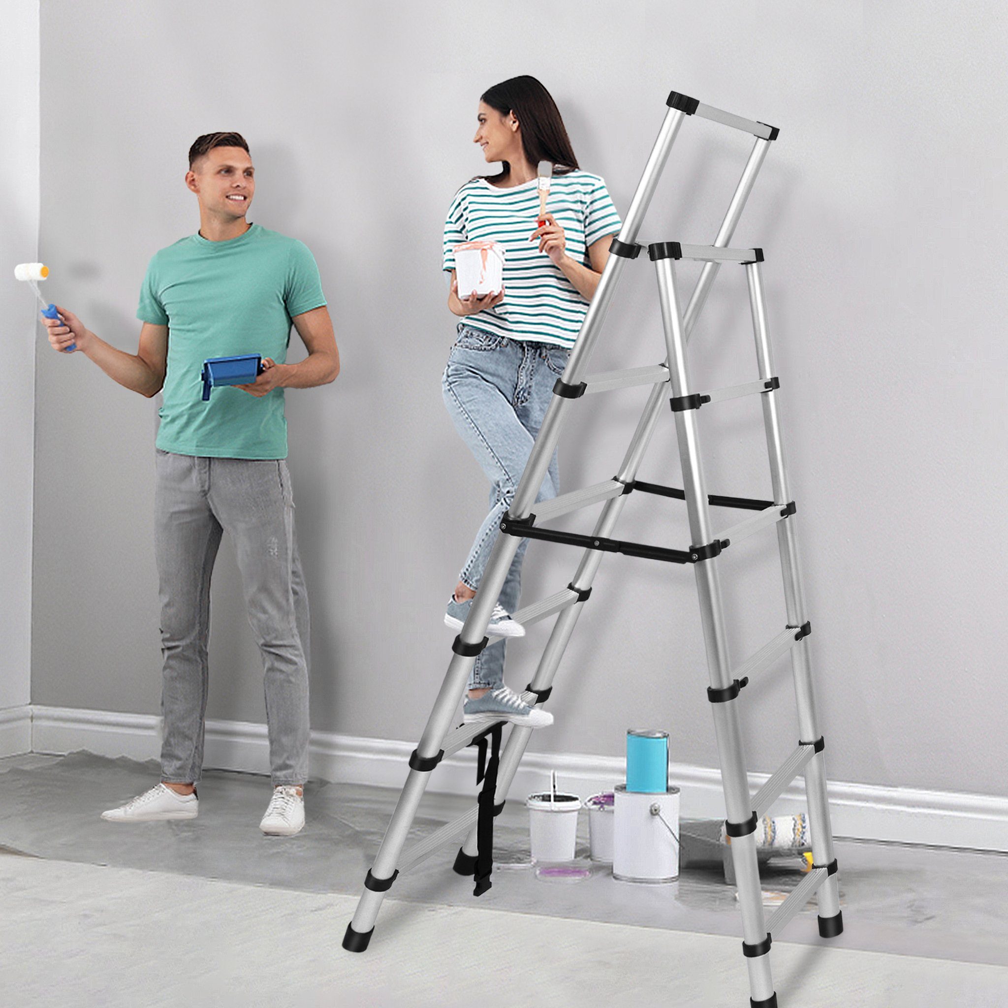 UISEBRT Teleskopleiter Klappbar Teleskopleiter Alu Mehrzweckleiter, 1,4m+1,7m