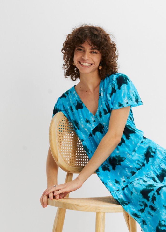 Knieumspielendes Jerseykleid mit Flügelärmeln, Volants und Taschen
