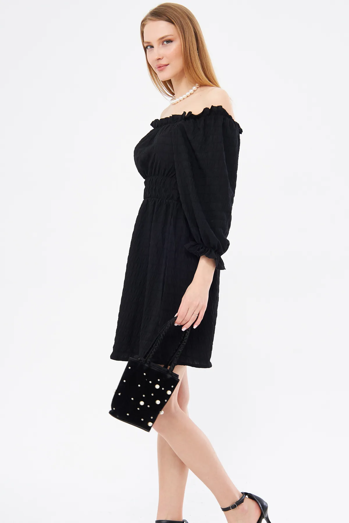 armonika  Schwarzes Wickelkleid mit Madonna-Ausschnitt und elastischer Taille für Damen