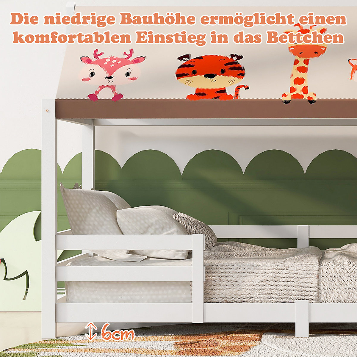 Hausbett 90x200 cm mit Stoffzeltaufsatz und Rausfallschutz