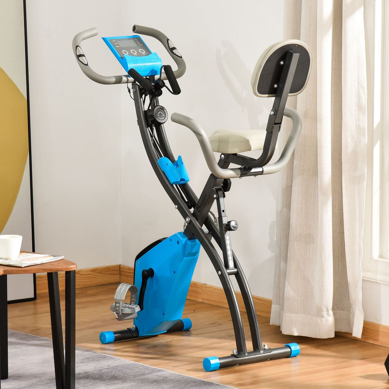 HOMCOM Heimtrainer 2-in-1 Fahrradtrainer LCD-Display klappbarer Hometrainer Trimmrad mit 8 stufig Blau Grau 97x51x115 cm