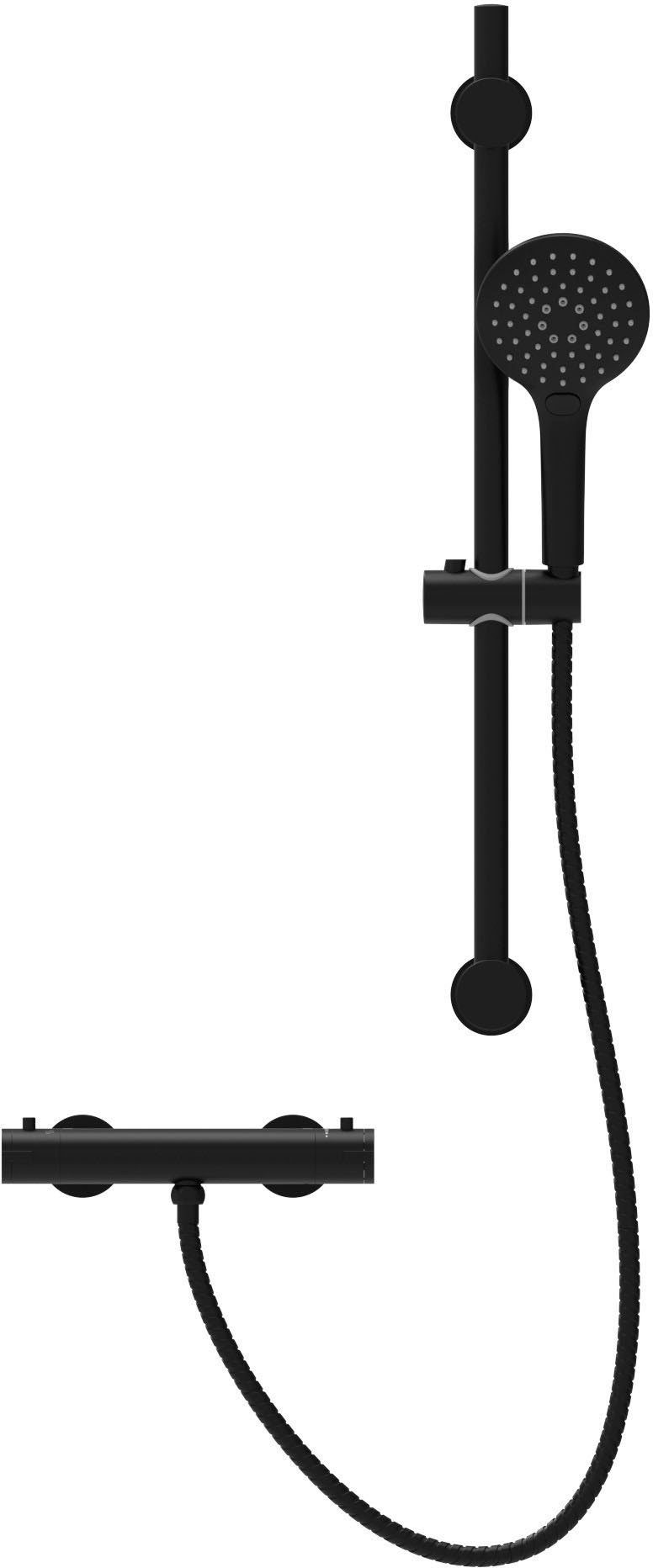 Schütte Duschsystem BLACK, Höhe 70 cm, 3 Strahlart(en), Überkopfbrauseset mit Thermostat, höhenverstellbar