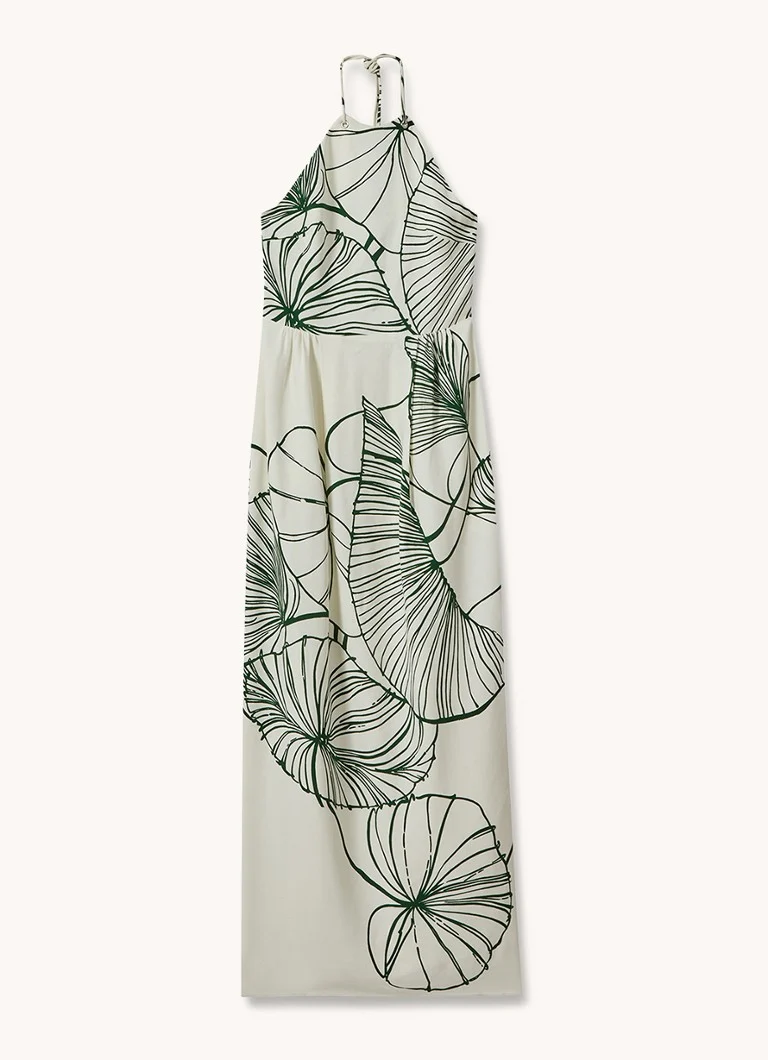 Reiss Lexi maxi halter haljina s printom listova i prorezom