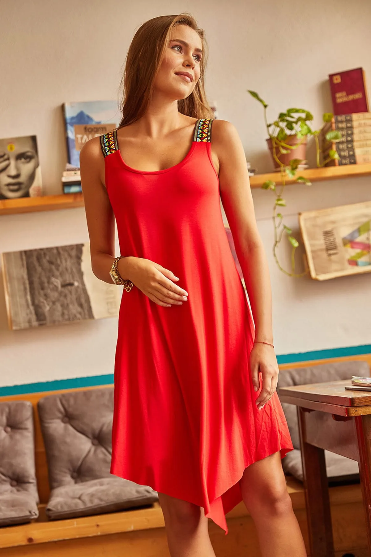 Olalook  Rotes asymmetrisches Ethno-Trägerkleid für Damen ELB-19000612